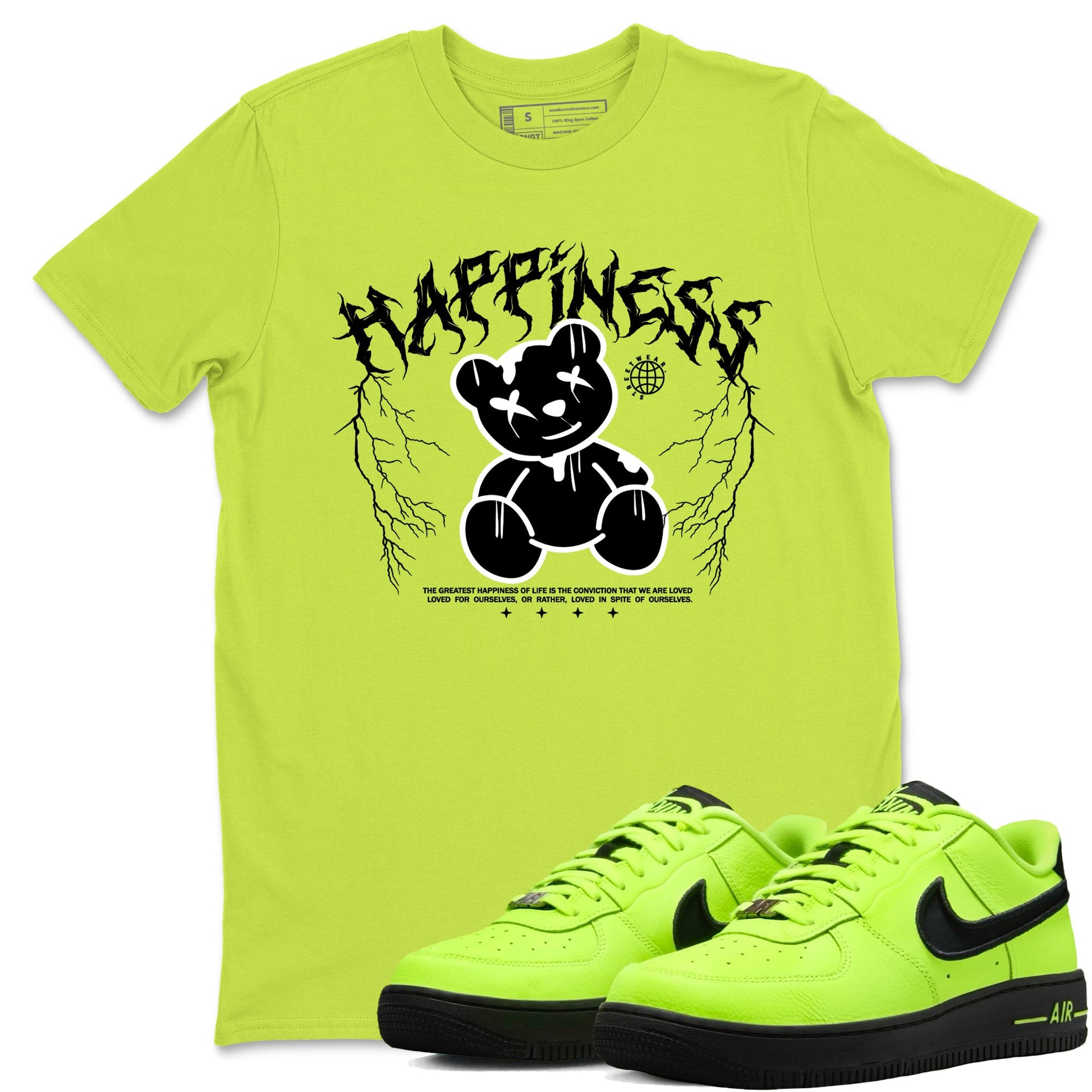 Air Force 1 Low Dance Volt t-shirts to match sneakers Happiness Bear sneaker match tees Air Force 1 Volt match shoes to clothes SNRT Sneaker Tees unisex cotton Safety Green 1 shirts
