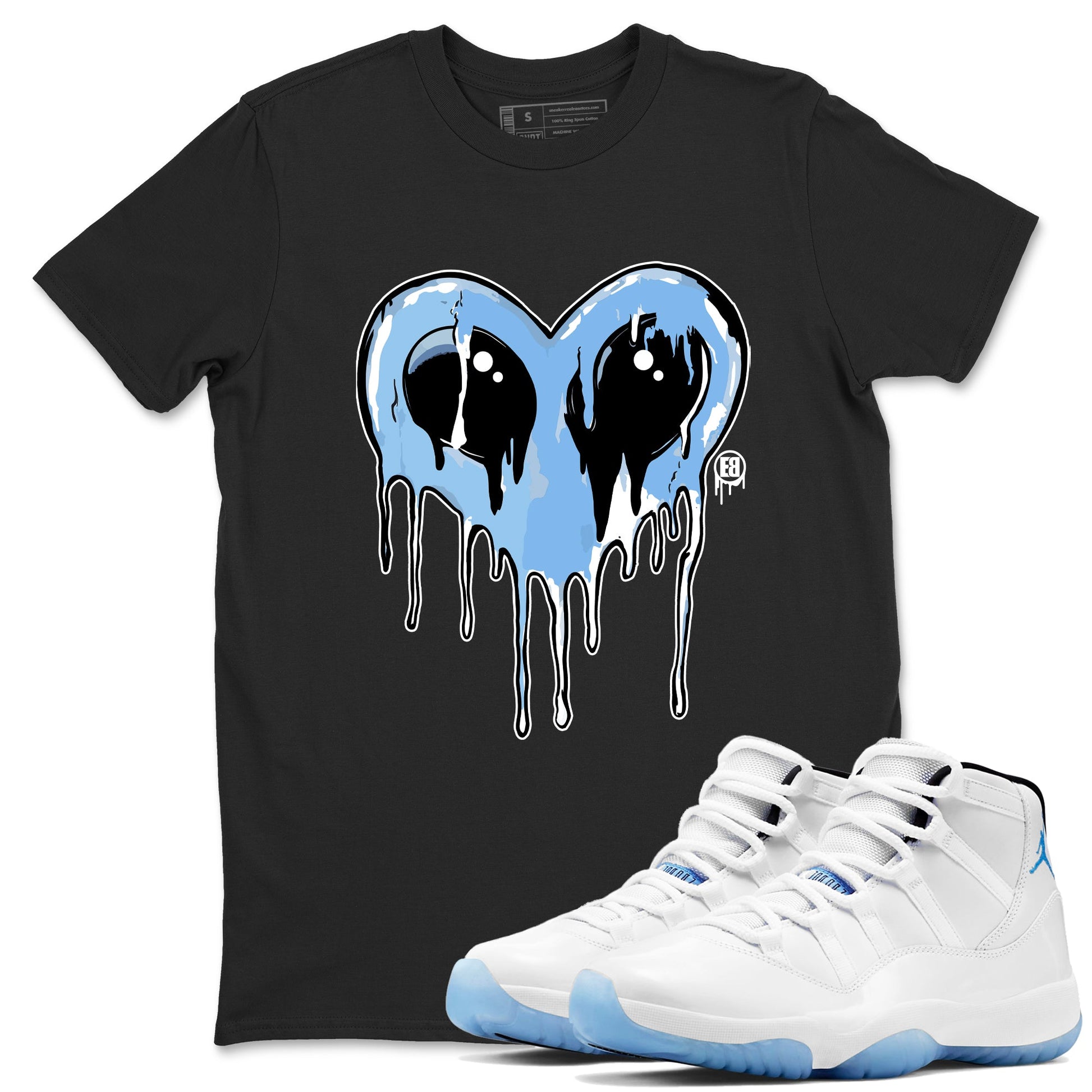 AJ11 Legend Blue Graphic shirts Heart Alien Valentine Gift shirts Air Jordan 11 Legend Blue best t-shirts to wear with jordans SNRT Sneaker Tees unisex cotton Black 1 shirts