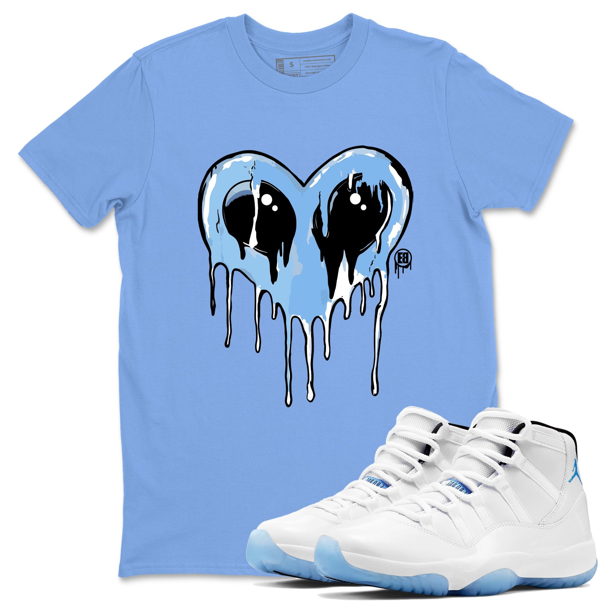 AJ11 Legend Blue Graphic shirts Heart Alien Valentine Gift shirts Air Jordan 11 Legend Blue best t-shirts to wear with jordans SNRT Sneaker Tees unisex cotton Carolina Blue 1 shirts