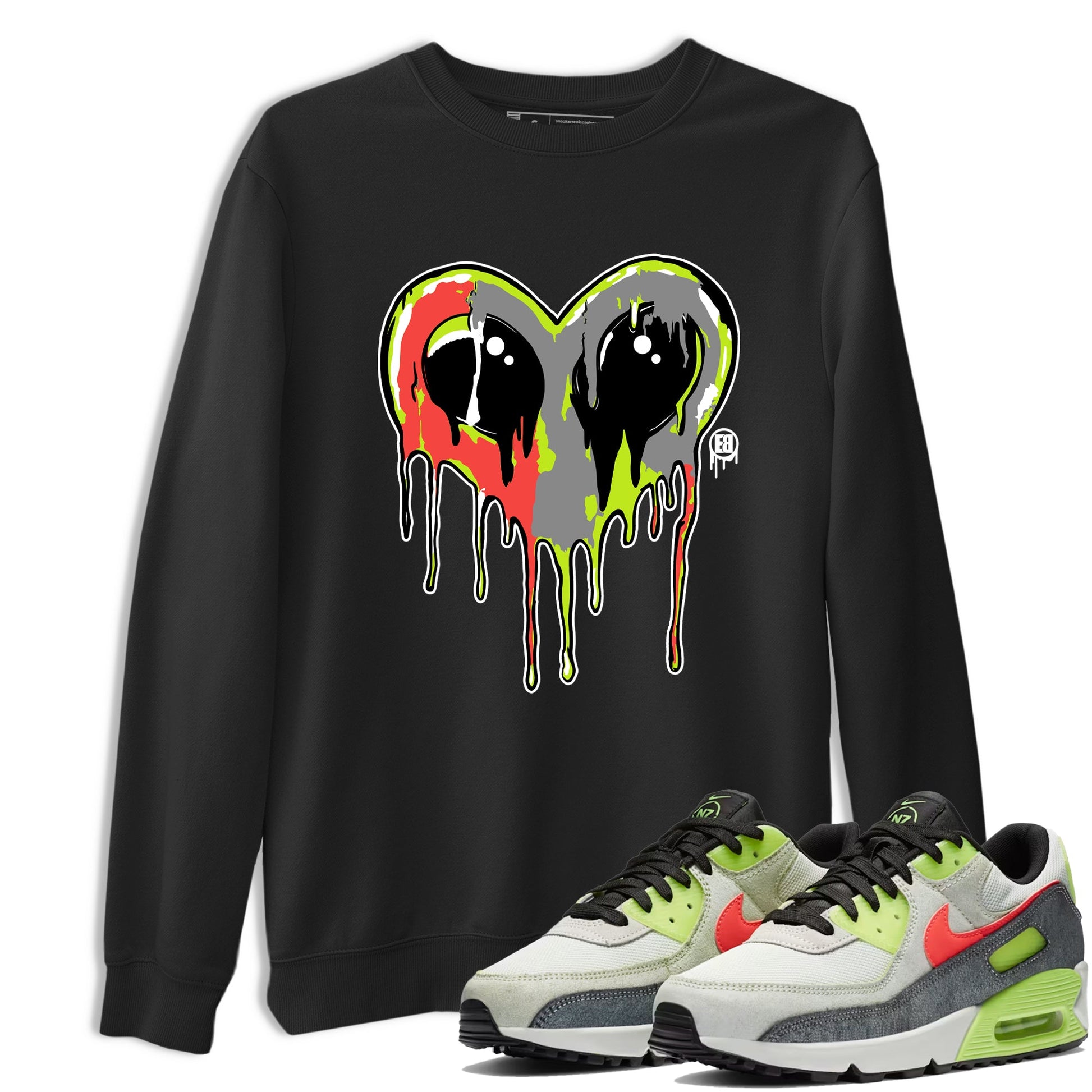 Sneaker Threads – Sneaker Tees To Match Air Max 90 Spruce Aura and Ghost Green – Heart Alien Graphic Tee Black 1. Perfect for Jordan releases 2025 colorways.