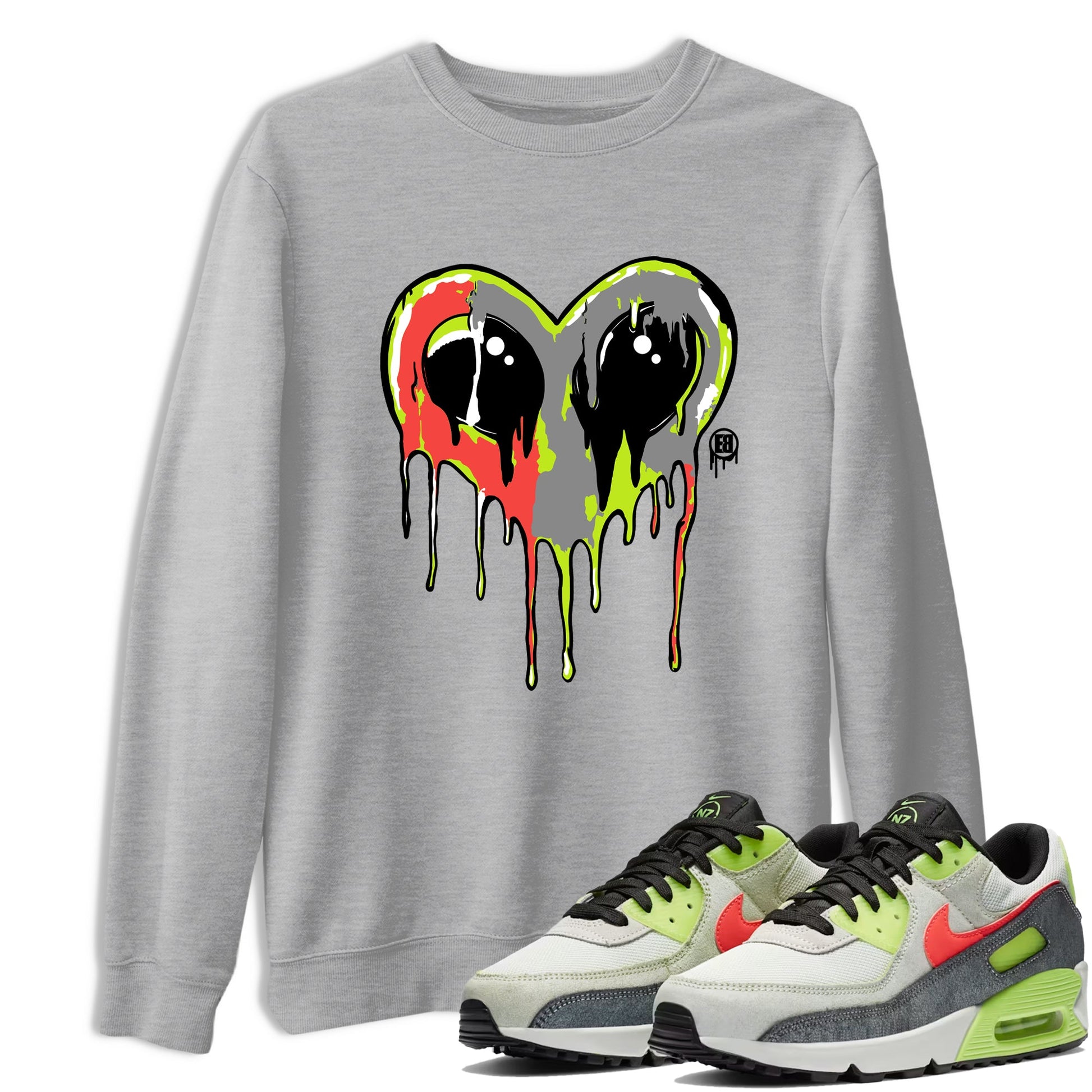 Sneaker Threads – Sneaker Tees To Match Air Max 90 Spruce Aura and Ghost Green – Heart Alien Graphic Tee Heather Grey 1. Perfect for Jordan releases 2025 colorways.