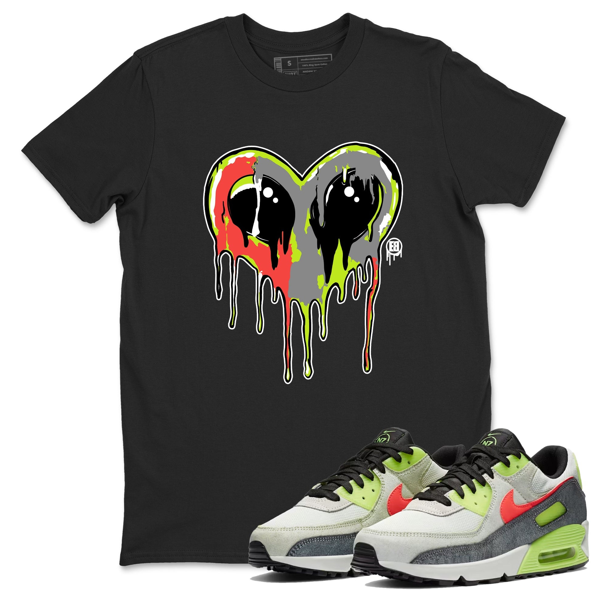 Sneaker Threads – Sneaker Tees To Match Air Max 90 Spruce Aura and Ghost Green – Heart Alien Graphic Tee Black 1. Perfect for Jordan releases 2025 colorways.