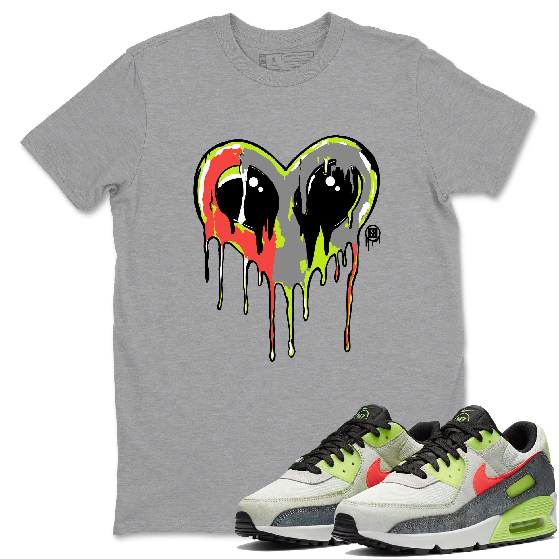 Sneaker Threads – Sneaker Tees To Match Air Max 90 Spruce Aura and Ghost Green – Heart Alien Graphic Tee Heather Grey 1. Perfect for Jordan releases 2025 colorways.