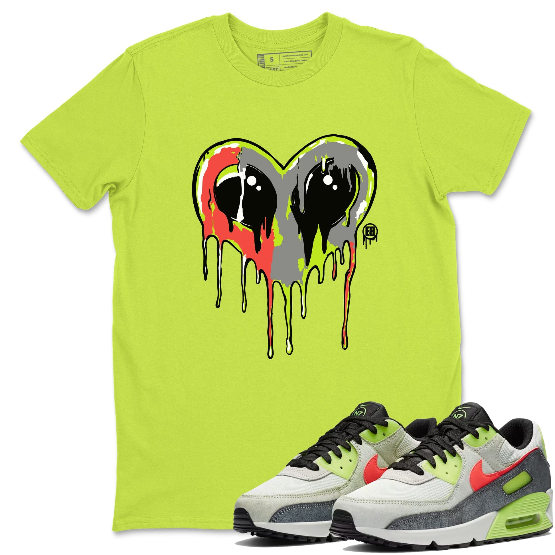 Sneaker Threads – Sneaker Tees To Match Air Max 90 Spruce Aura and Ghost Green – Heart Alien Graphic Tee Safety Green 1. Perfect for Jordan releases 2025 colorways.