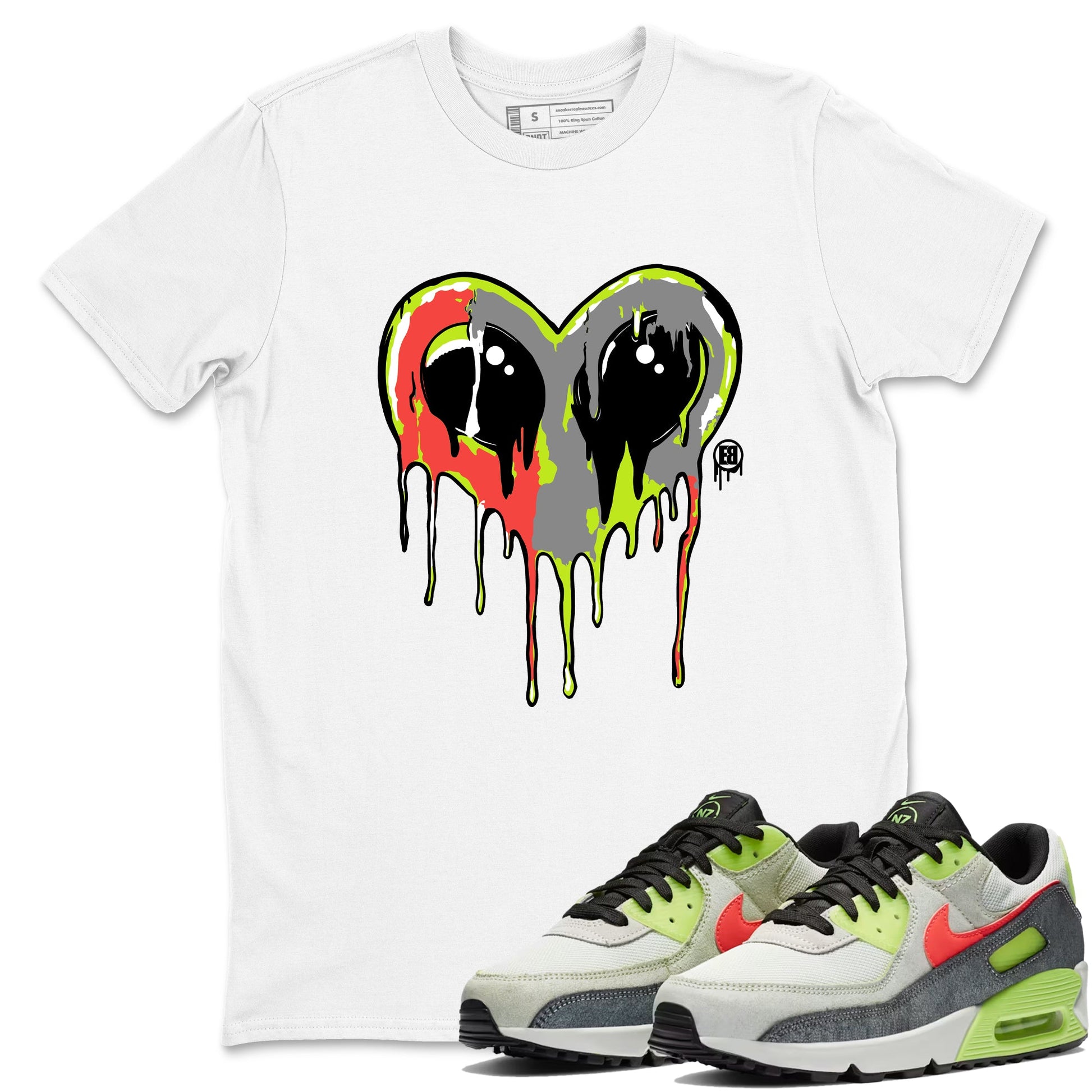 Sneaker Threads – Sneaker Tees To Match Air Max 90 Spruce Aura and Ghost Green – Heart Alien Graphic Tee White 1. Perfect for Jordan releases 2025 colorways.