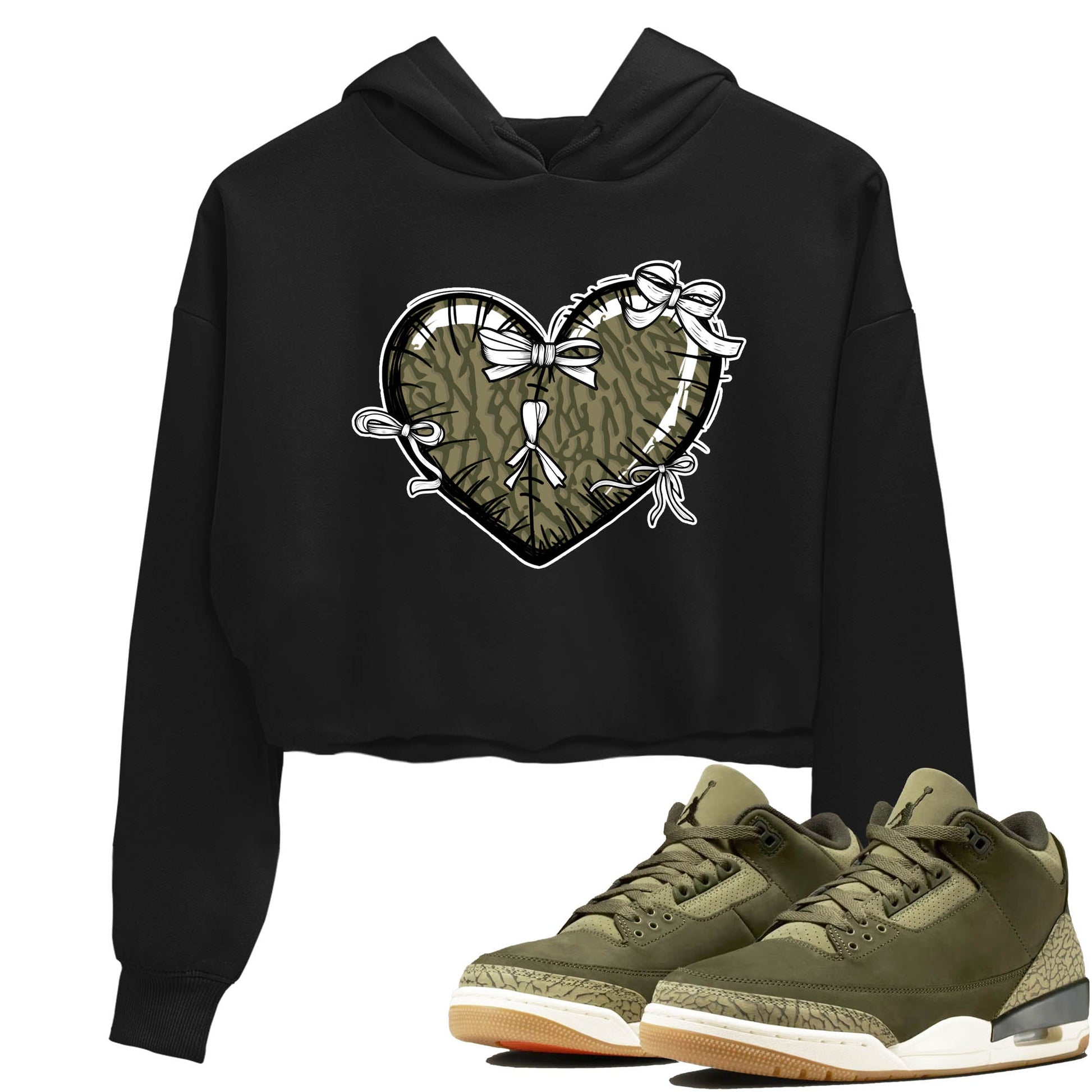 Sneaker Threads – Sneaker Tees To Match Air Jordan 3 Medium Olive – Heart With Ribbons Crop Tee Black 1. Perfect for Jordan releases 2025 colorways.