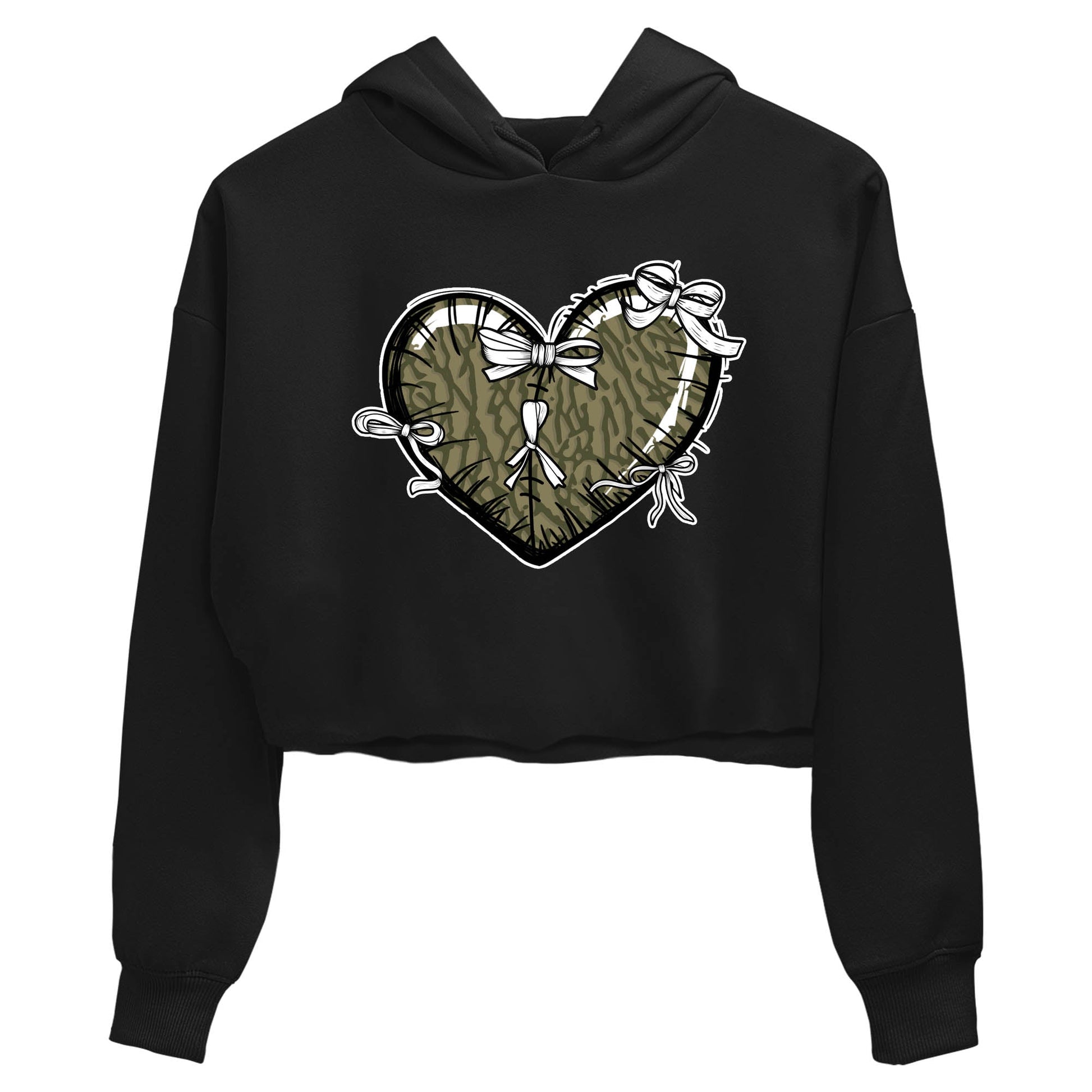 Sneaker Threads – Sneaker Tees To Match Air Jordan 3 Medium Olive – Heart With Ribbons Crop Tee Black 2. Perfect for Jordan releases 2025 colorways.