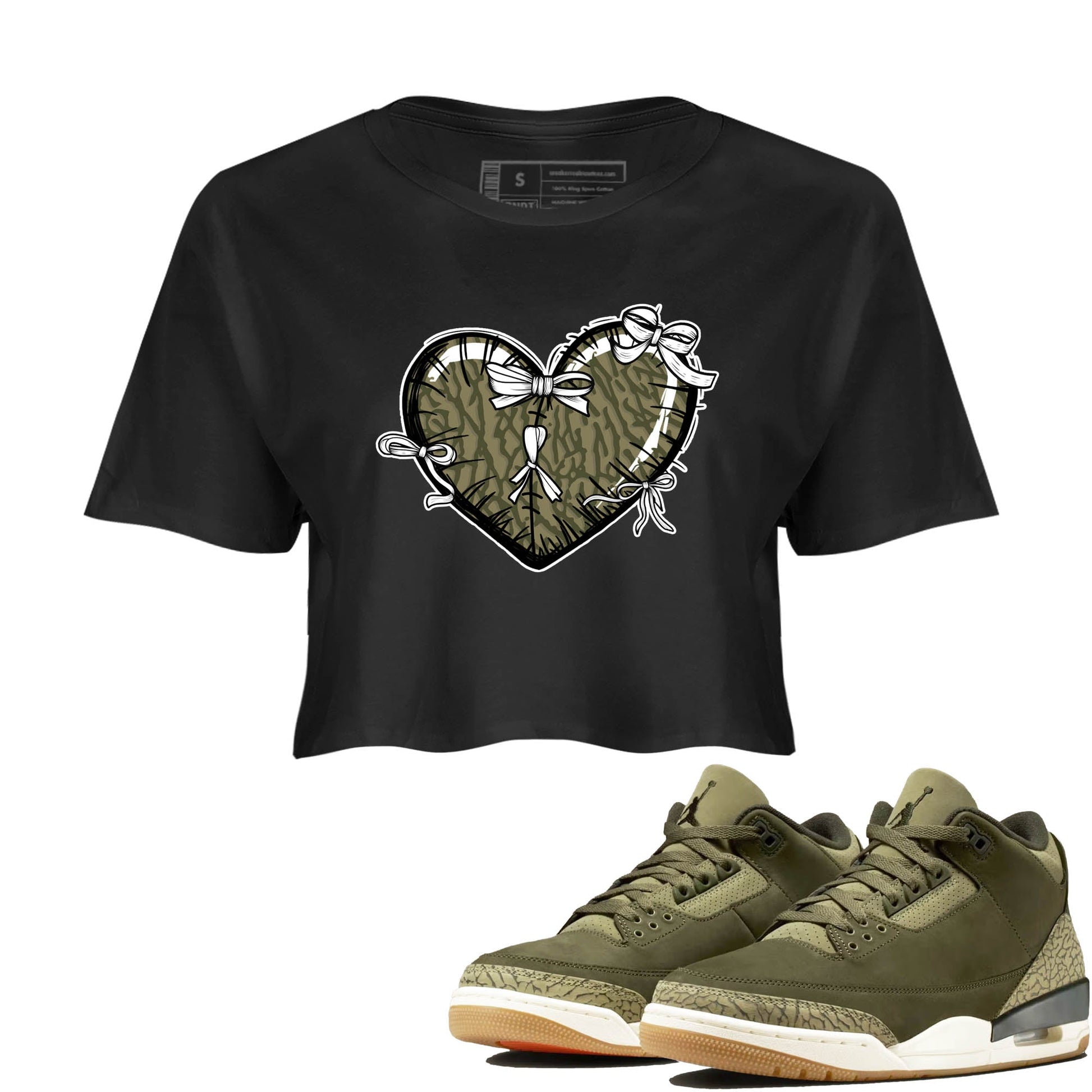 Sneaker Threads – Sneaker Tees To Match Air Jordan 3 Medium Olive – Heart With Ribbons Crop Tee Black 1. Perfect for Jordan releases 2025 colorways.