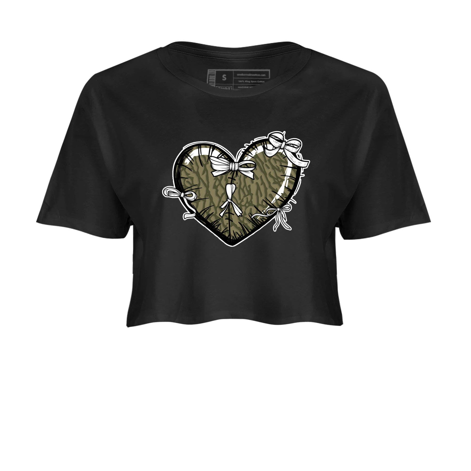 Sneaker Threads – Sneaker Tees To Match Air Jordan 3 Medium Olive – Heart With Ribbons Crop Tee Black 2. Perfect for Jordan releases 2025 colorways.