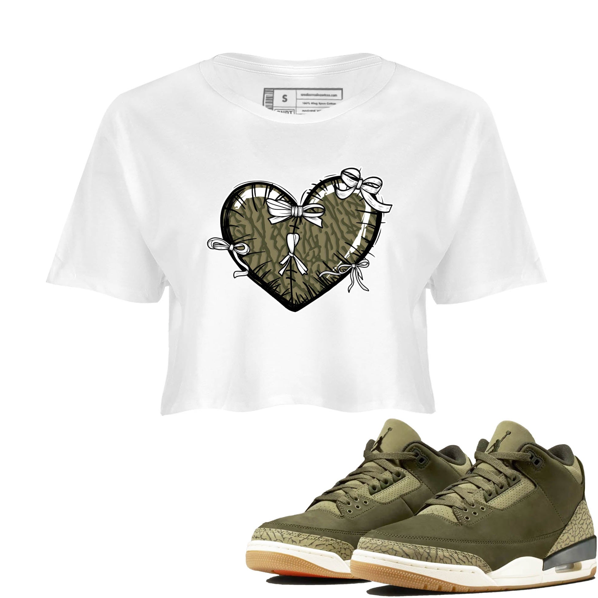 Sneaker Threads – Sneaker Tees To Match Air Jordan 3 Medium Olive – Heart With Ribbons Crop Tee White 1. Perfect for Jordan releases 2025 colorways.