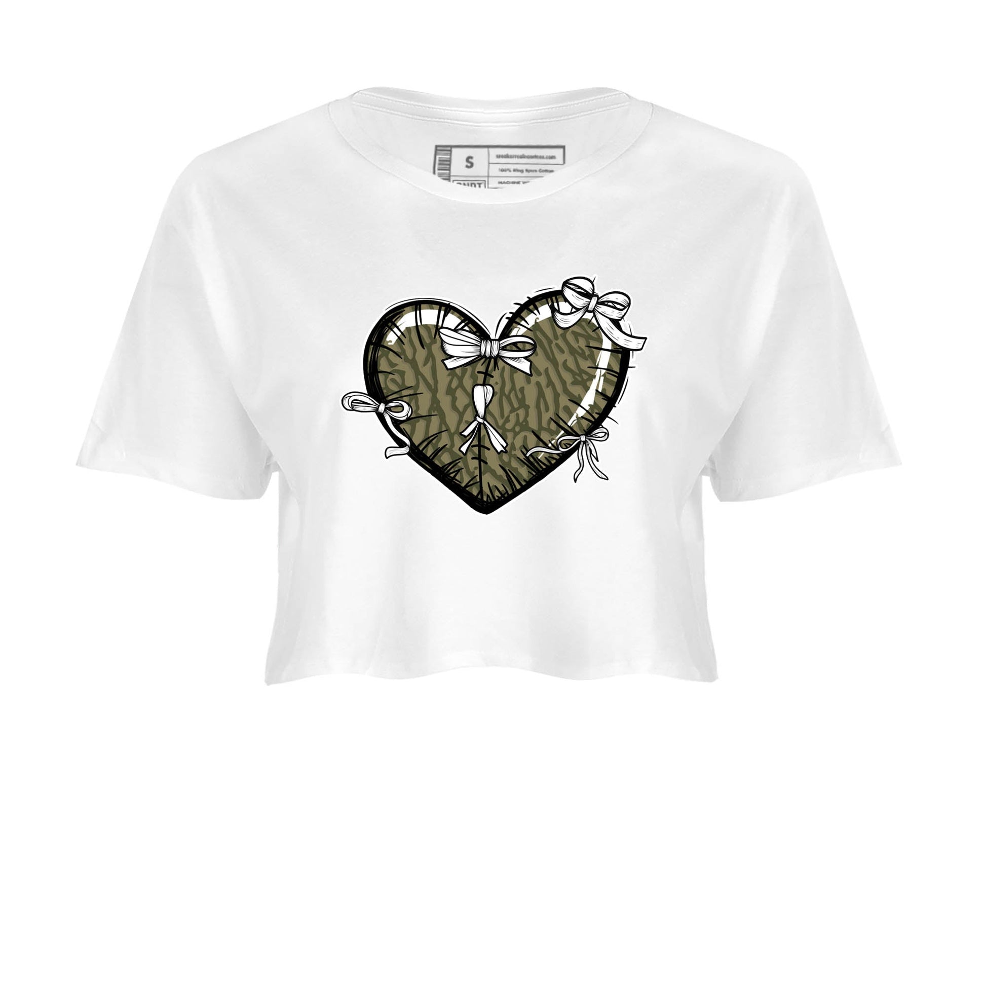 Sneaker Threads – Sneaker Tees To Match Air Jordan 3 Medium Olive – Heart With Ribbons Crop Tee White 2. Perfect for Jordan releases 2025 colorways.