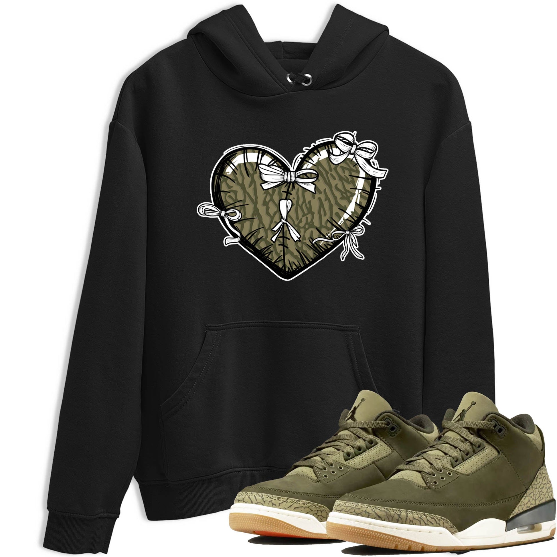 Sneaker Threads – Sneaker Tees To Match Air Jordan 3 Medium Olive – Heart With Ribbons Graphic Tee Black 1. Perfect for Jordan releases 2025 colorways.