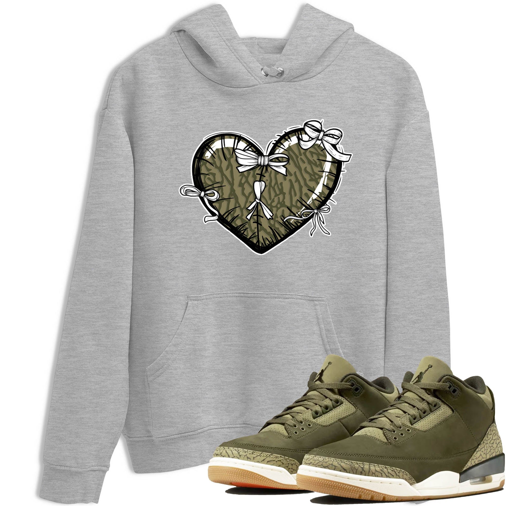 Sneaker Threads – Sneaker Tees To Match Air Jordan 3 Medium Olive – Heart With Ribbons Graphic Tee Heather Grey 1. Perfect for Jordan releases 2025 colorways.