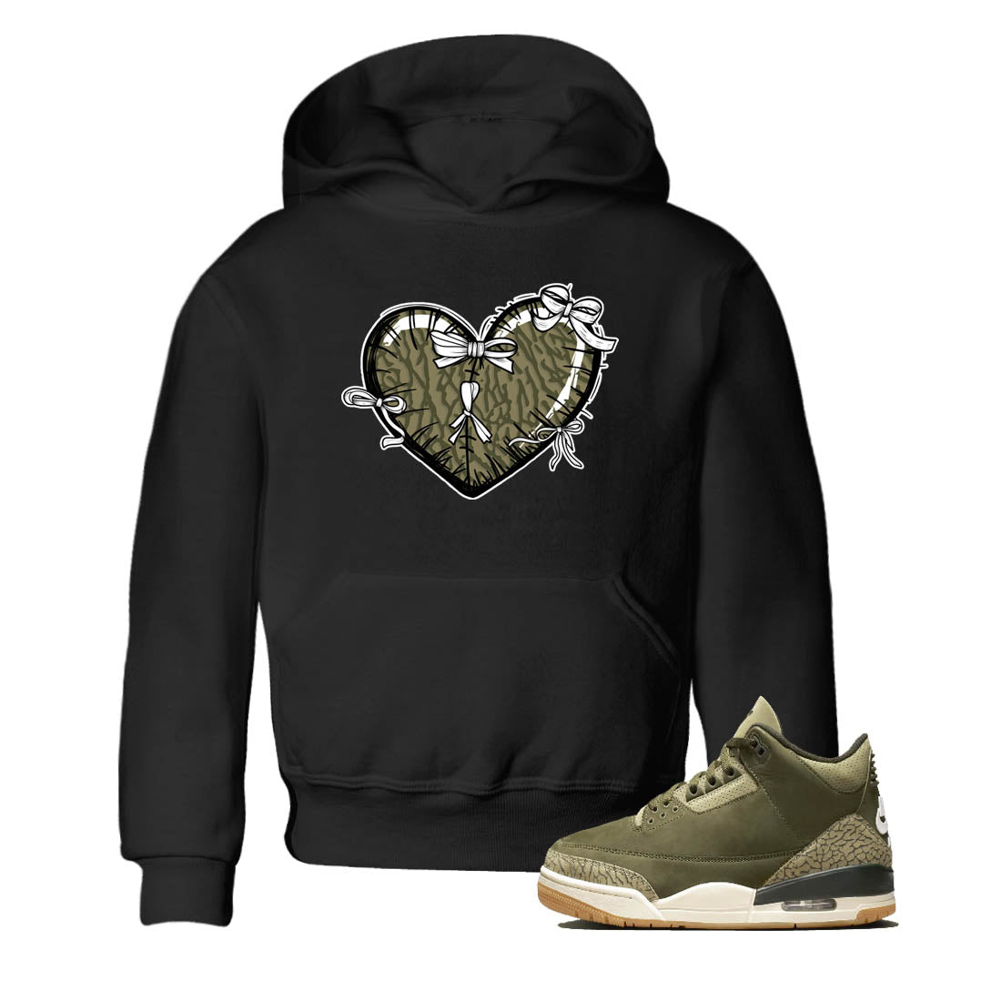Sneaker Threads – Sneaker Tees To Match Air Jordan 3 Medium Olive – Heart With Ribbons Youth Graphic Tee Black 1. Perfect for Jordan releases 2025 colorways.