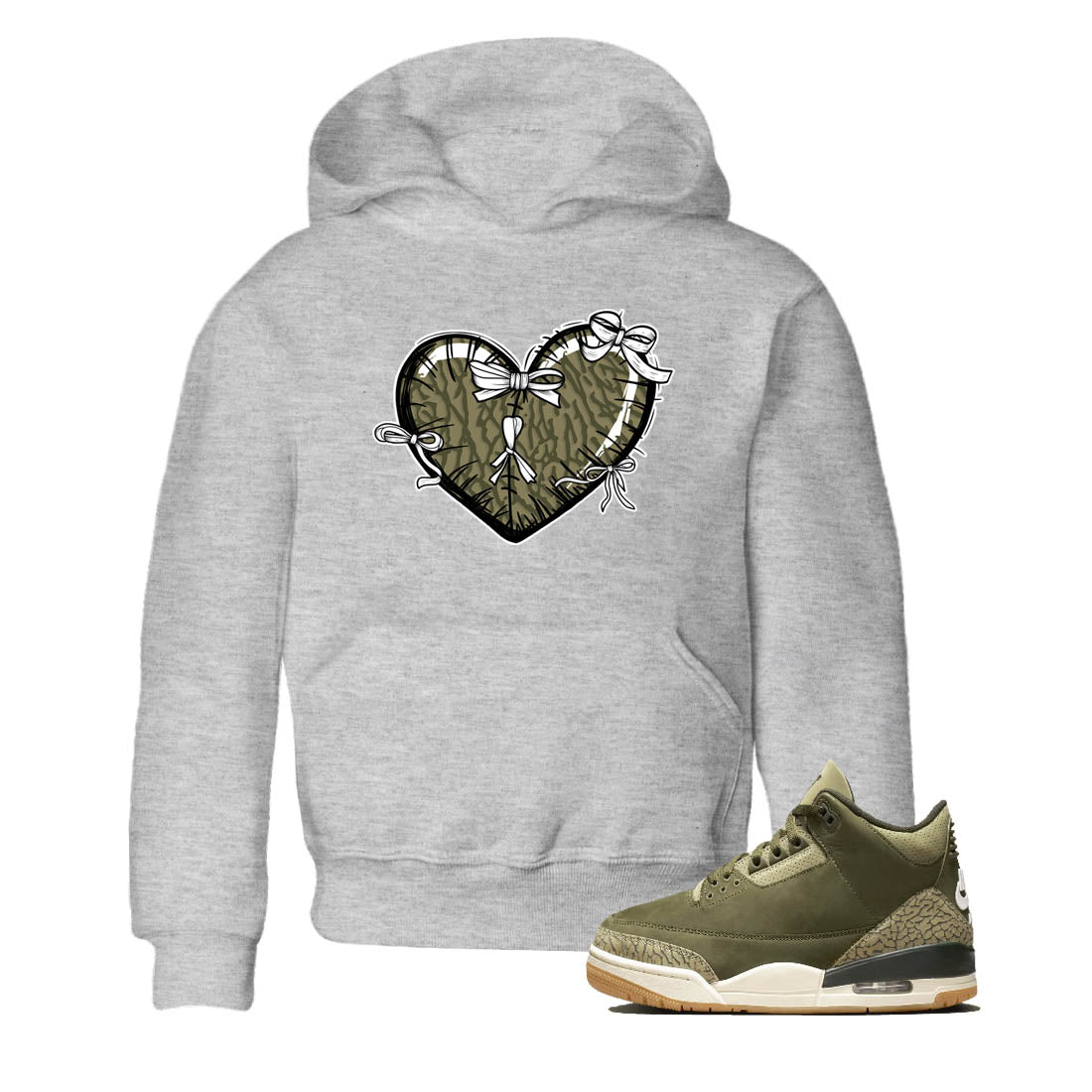 Sneaker Threads – Sneaker Tees To Match Air Jordan 3 Medium Olive – Heart With Ribbons Youth Graphic Tee Heather Grey 1. Perfect for Jordan releases 2025 colorways.