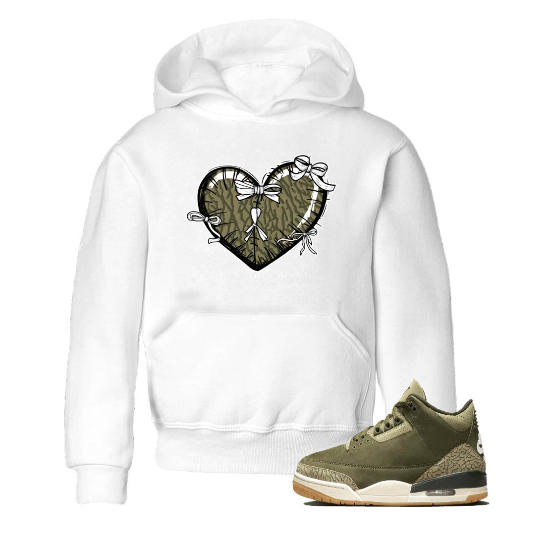 Sneaker Threads – Sneaker Tees To Match Air Jordan 3 Medium Olive – Heart With Ribbons Youth Graphic Tee White 1. Perfect for Jordan releases 2025 colorways.