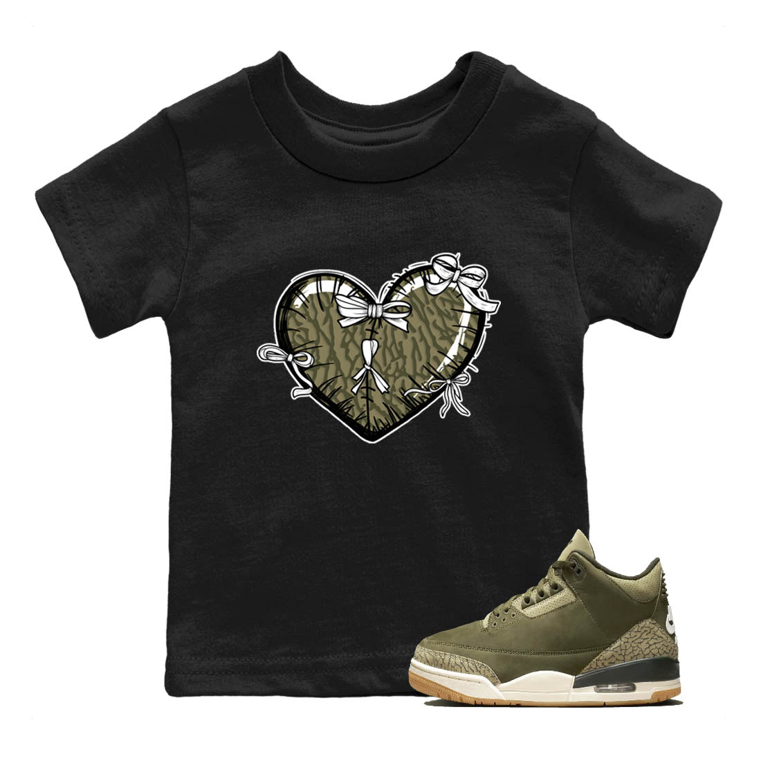 Sneaker Threads – Sneaker Tees To Match Air Jordan 3 Medium Olive – Heart With Ribbons Youth Graphic Tee Black 1. Perfect for Jordan releases 2025 colorways.