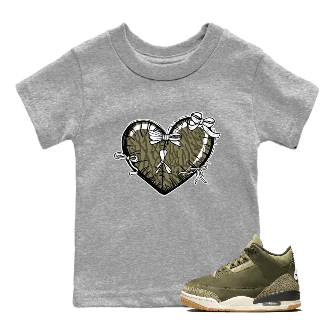 Sneaker Threads – Sneaker Tees To Match Air Jordan 3 Medium Olive – Heart With Ribbons Youth Graphic Tee Heather Grey 1. Perfect for Jordan releases 2025 colorways.