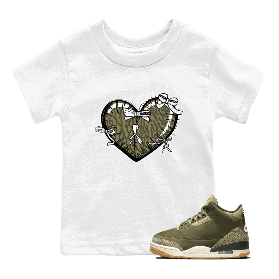 Sneaker Threads – Sneaker Tees To Match Air Jordan 3 Medium Olive – Heart With Ribbons Youth Graphic Tee White 1. Perfect for Jordan releases 2025 colorways.