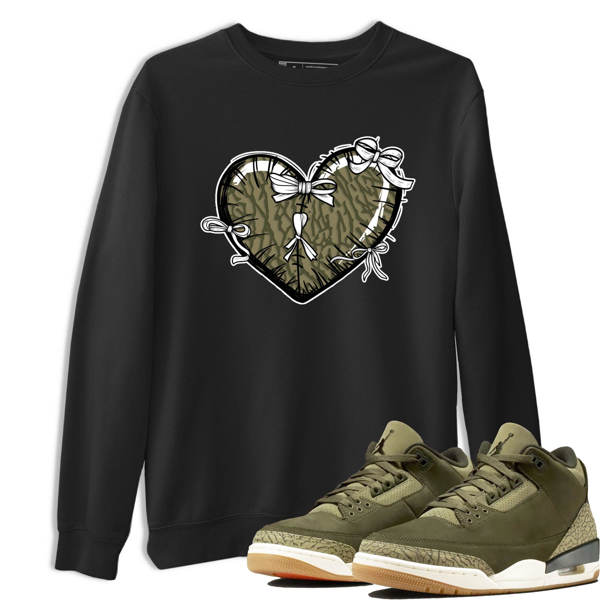 Sneaker Threads – Sneaker Tees To Match Air Jordan 3 Medium Olive – Heart With Ribbons Graphic Tee Black 1. Perfect for Jordan releases 2025 colorways.