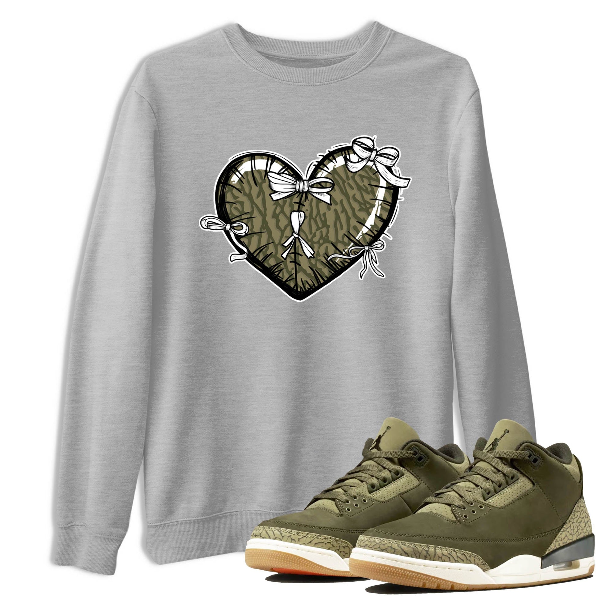 Sneaker Threads – Sneaker Tees To Match Air Jordan 3 Medium Olive – Heart With Ribbons Graphic Tee Heather Grey 1. Perfect for Jordan releases 2025 colorways.