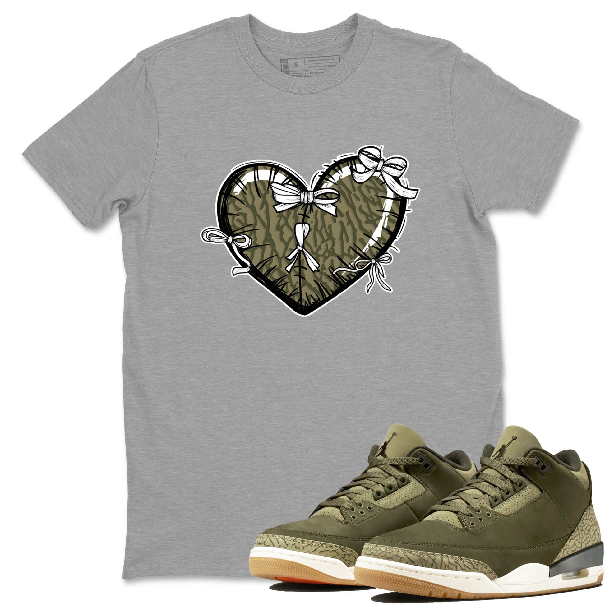 Sneaker Threads – Sneaker Tees To Match Air Jordan 3 Medium Olive – Heart With Ribbons Graphic Tee Heather Grey 1. Perfect for Jordan releases 2025 colorways.