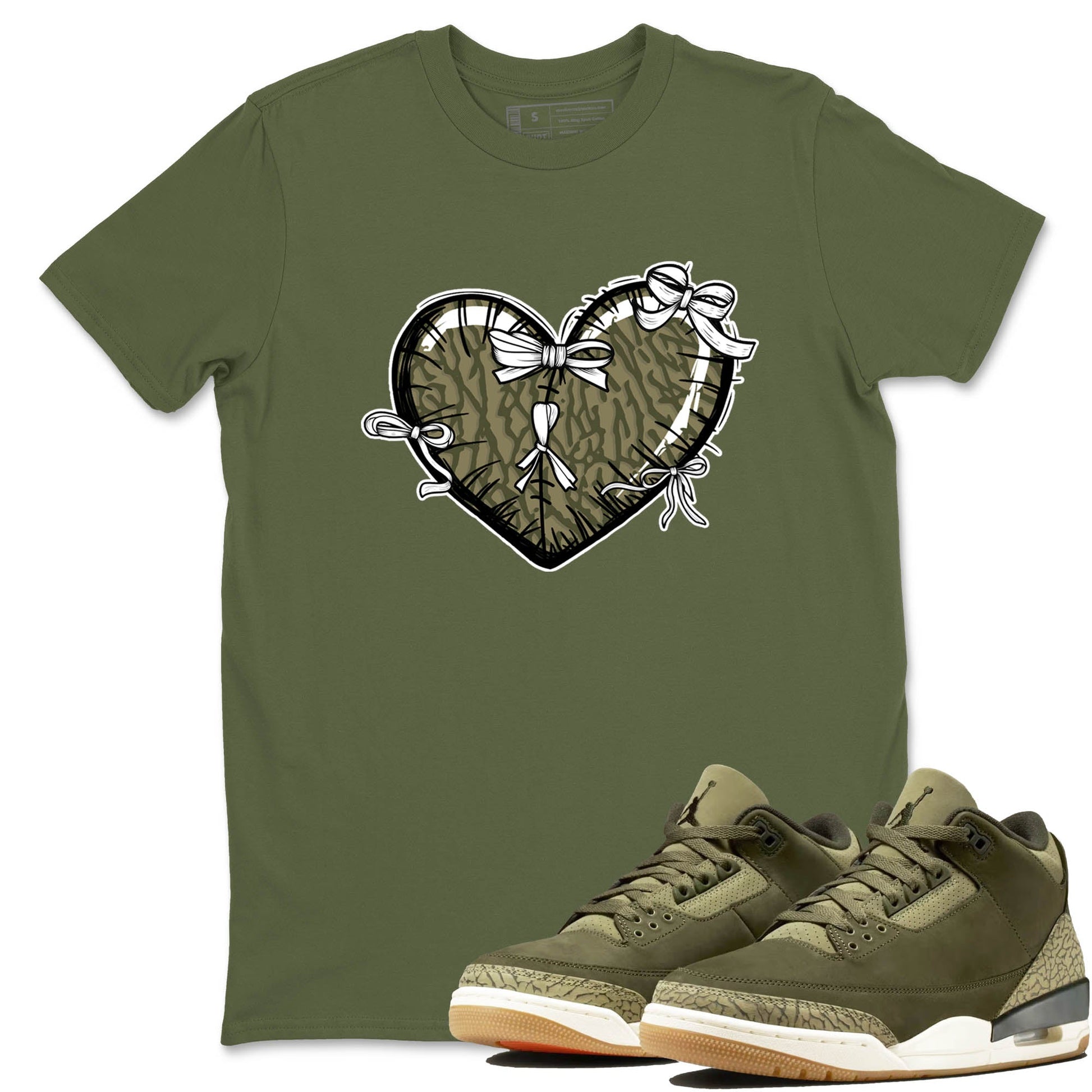 Sneaker Threads – Sneaker Tees To Match Air Jordan 3 Medium Olive – Heart With Ribbons Graphic Tee Military Green 1. Perfect for Jordan releases 2025 colorways.
