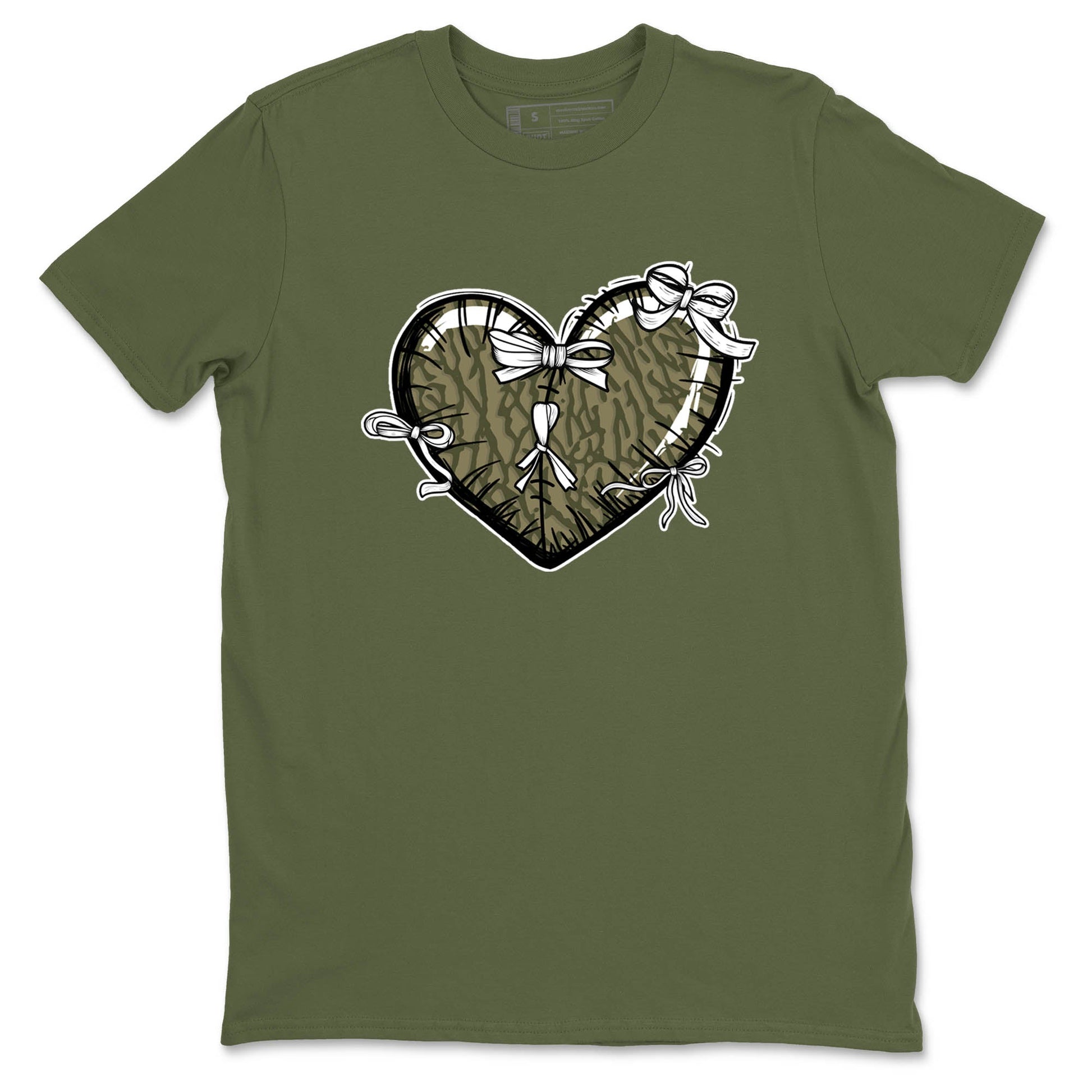 Sneaker Threads – Sneaker Tees To Match Air Jordan 3 Medium Olive – Heart With Ribbons Graphic Tee Military Green 2. Perfect for Jordan releases 2025 colorways.