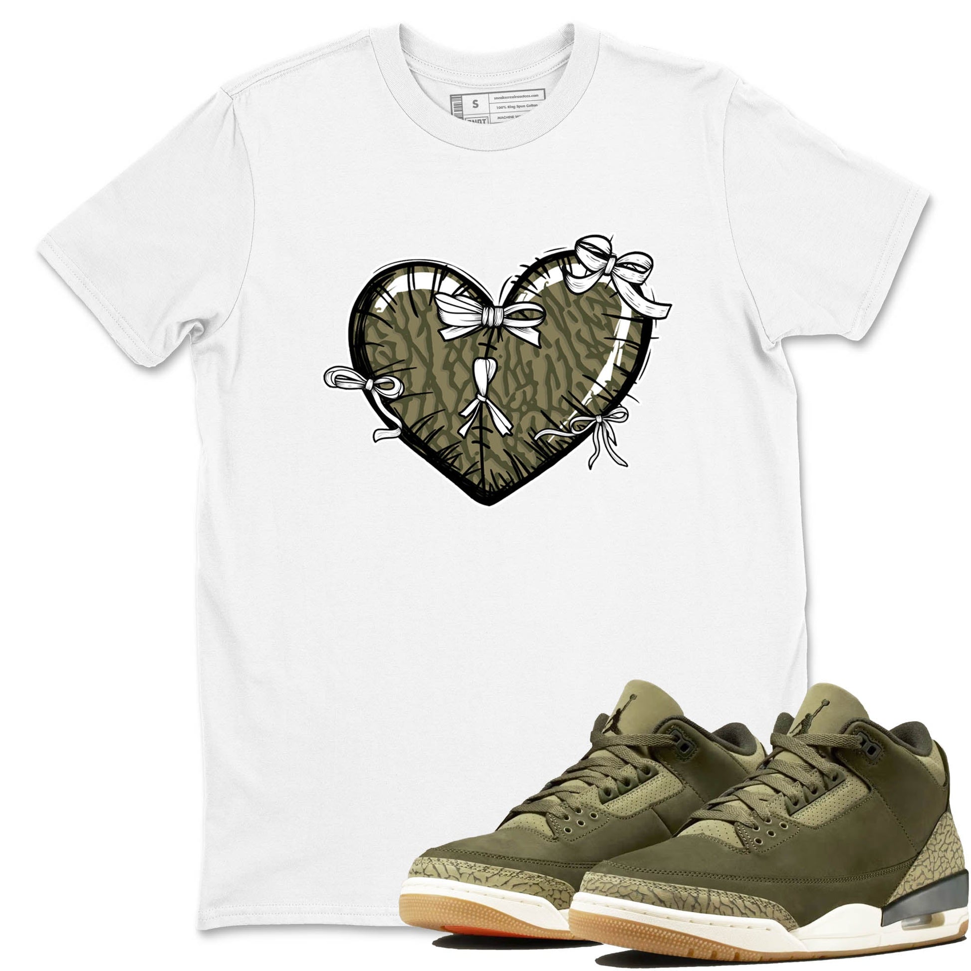 Sneaker Threads – Sneaker Tees To Match Air Jordan 3 Medium Olive – Heart With Ribbons Graphic Tee White 1. Perfect for Jordan releases 2025 colorways.