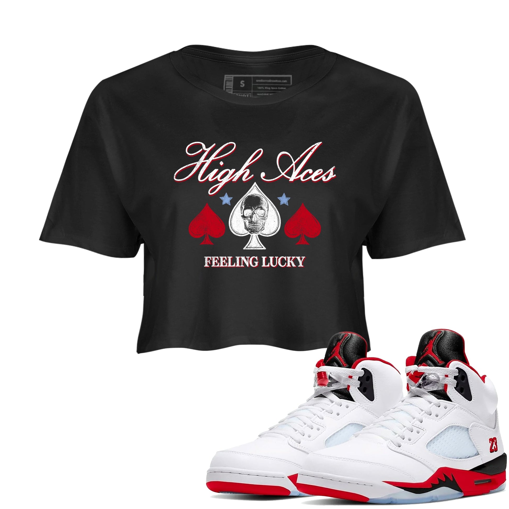 Sneaker match tees – Sneaker Tees To Match Air Jordan 5 Fire Red Shoes – High Aces Crop T-Shirt Black 1