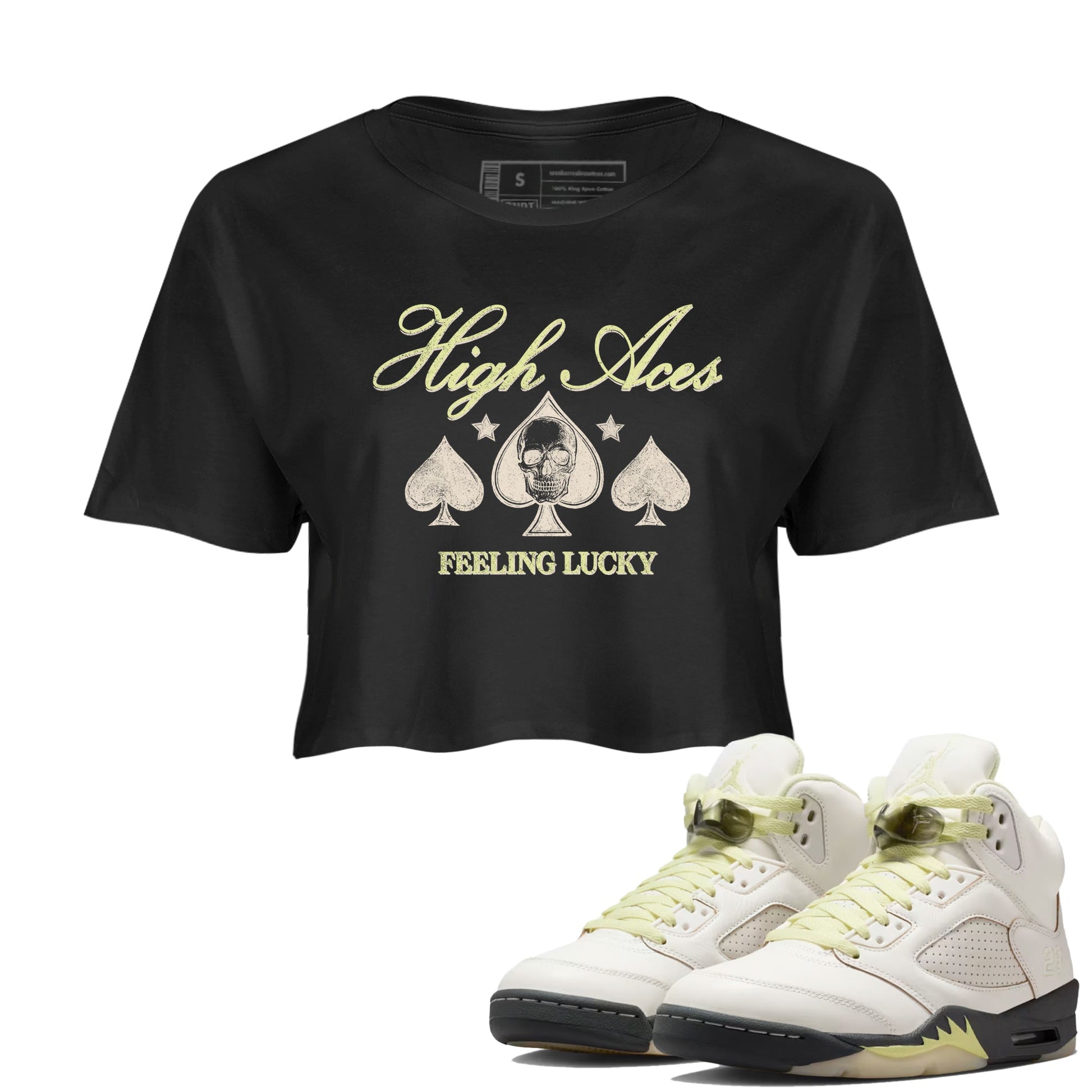 Sneaker match tees – Sneaker Tees To Match Air Jordan 5 Luminous Green Shoes – High Aces Crop T-Shirt Black 1