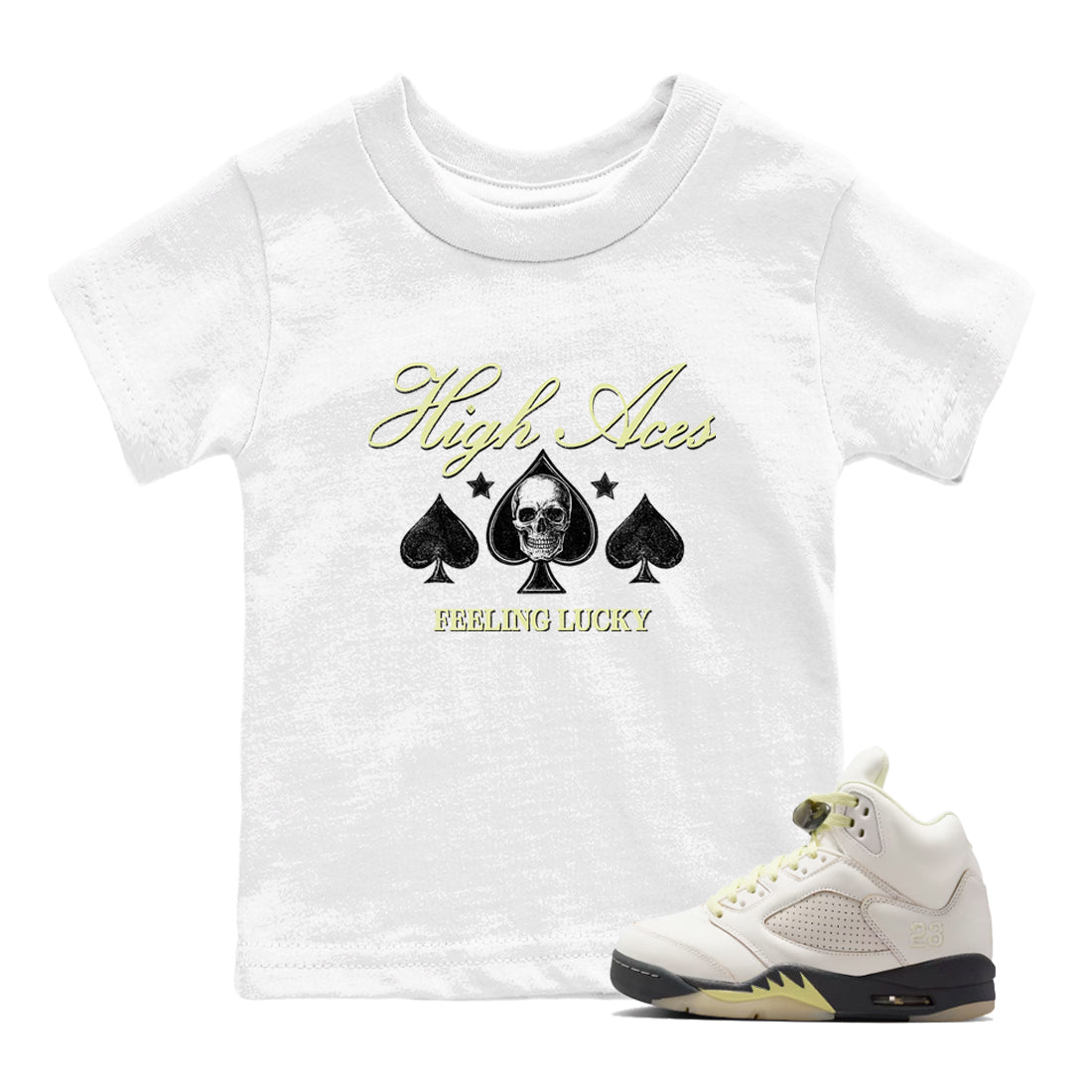 Sneaker match tees – Sneaker Tees To Match Air Jordan 5 Luminous Green Shoes – High Aces Kids T-Shirt White 1