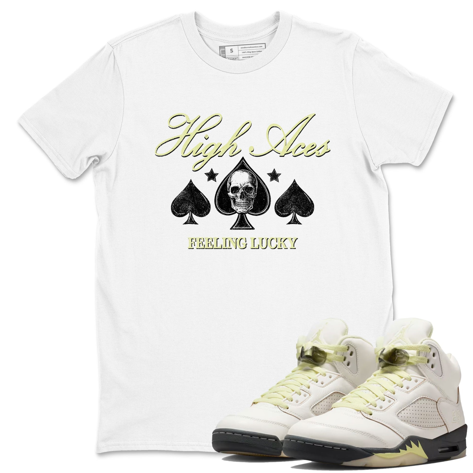 Sneaker match tees – Sneaker Tees To Match Air Jordan 5 Luminous Green Shoes – High Aces Tee White 1