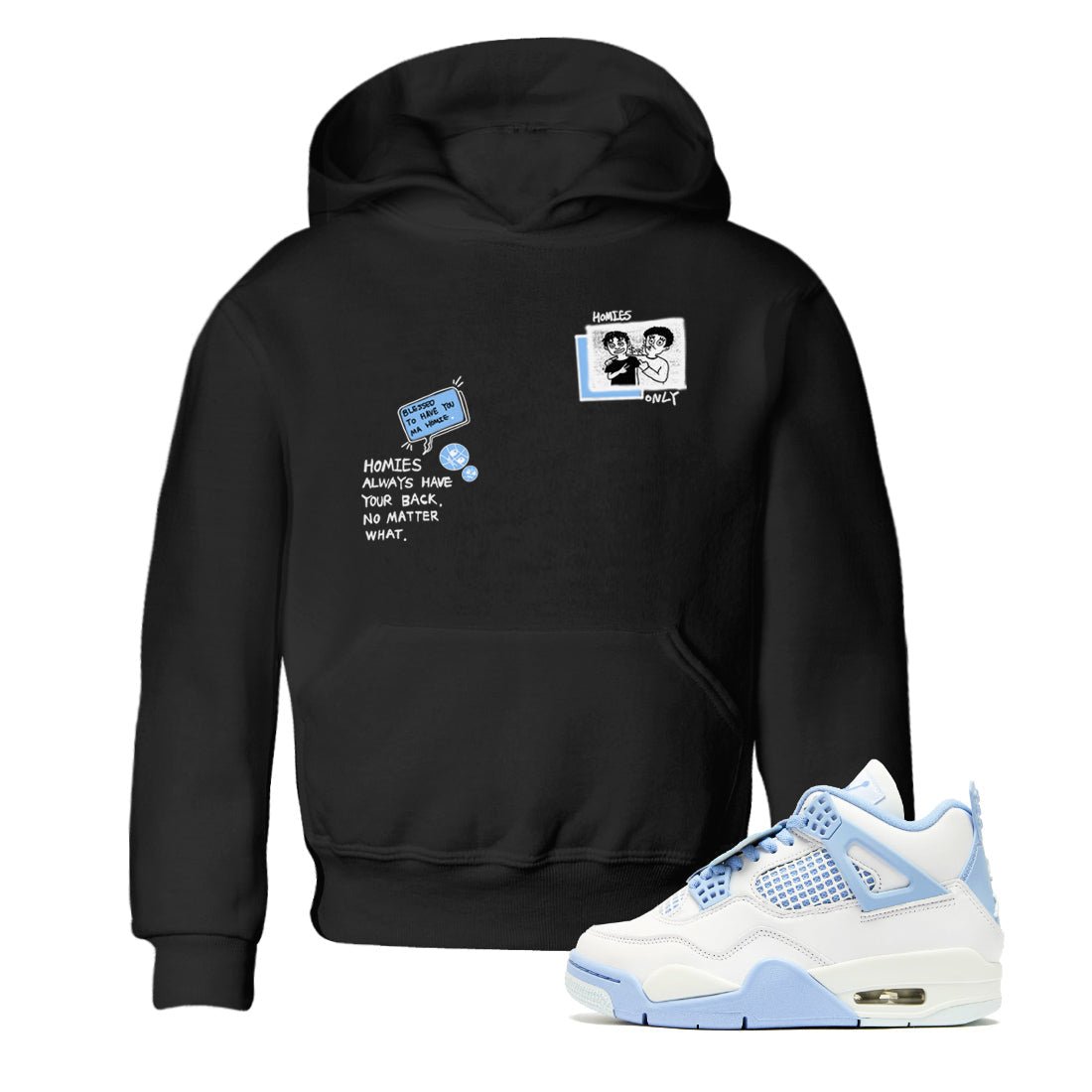 Homies Only baby and kids t-shirt crafted for little sneakerheads to shine with the Air Jordan 4 Aluminum sneakers, displayed in Black 1.