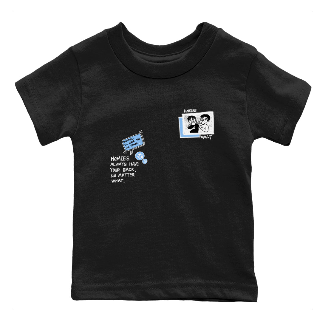 Homies Only baby and kids t-shirt crafted for little sneakerheads to shine with the Air Jordan 4 Aluminum sneakers, displayed in Black 2.