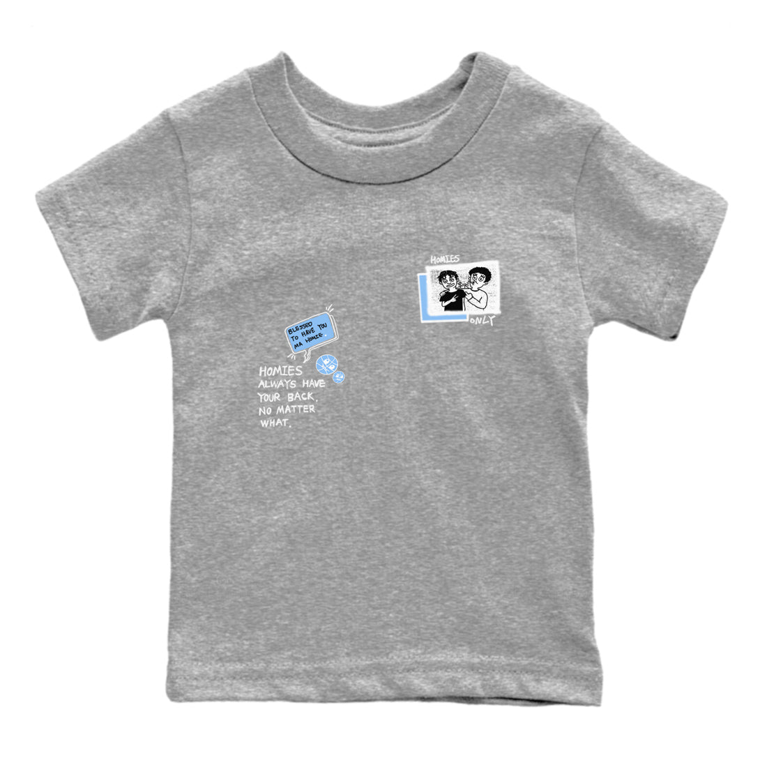 Homies Only baby and kids t-shirt crafted for little sneakerheads to shine with the Air Jordan 4 Aluminum sneakers, displayed in Heather Grey 2.