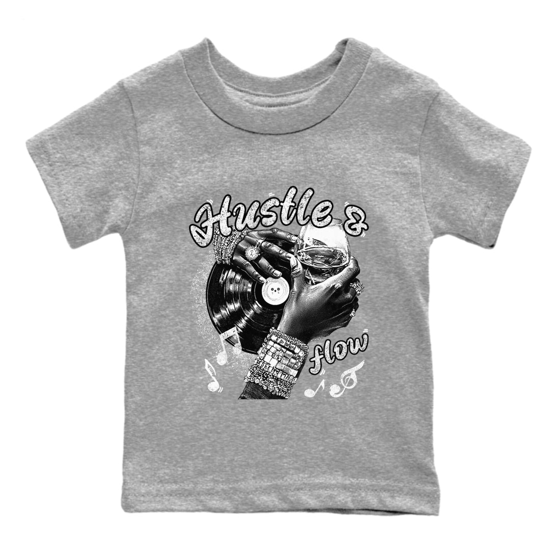 Hustle And Flow baby and kids t-shirt crafted for little sneakerheads to shine with the Air Foamposite One Triple White sneakers, displayed in Heather Grey 2.