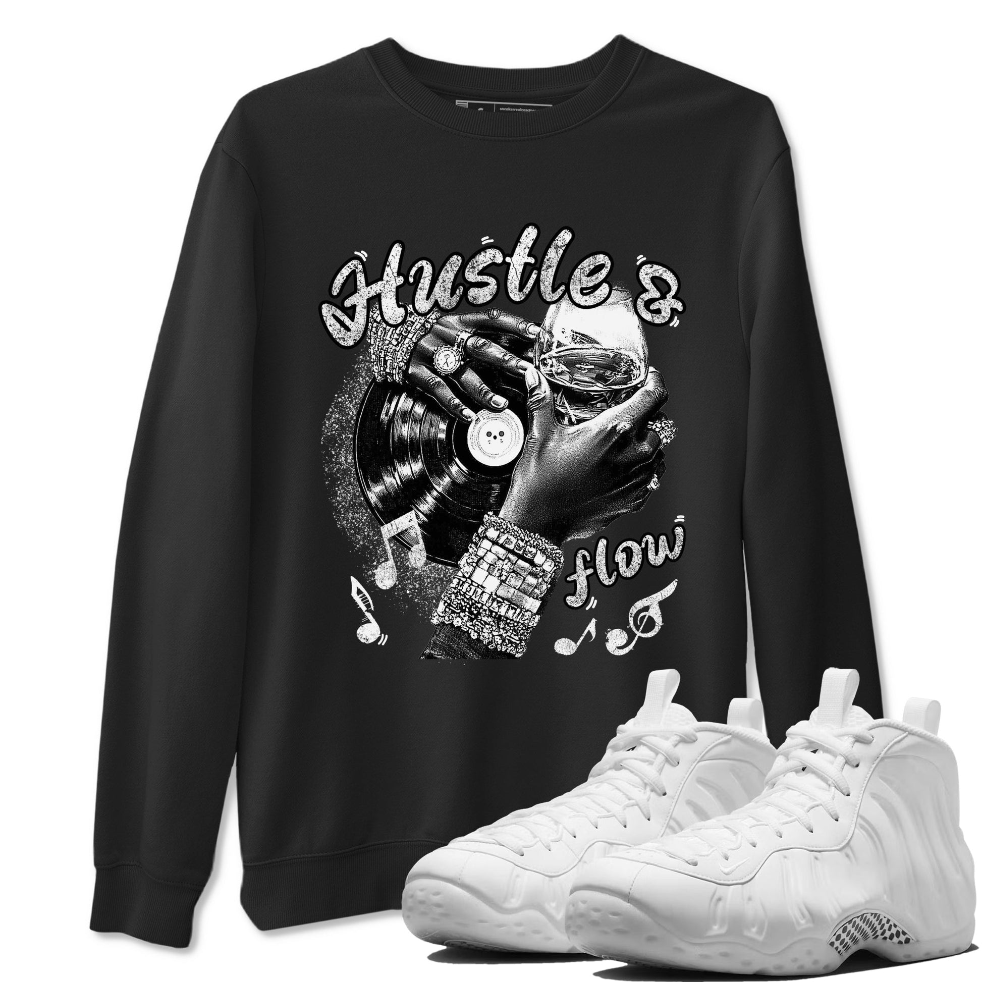 Hustle And Flow sneaker match t-shirt styled to complete your fit with the Air Foamposite One Triple White sneakers, shown in Black 1.