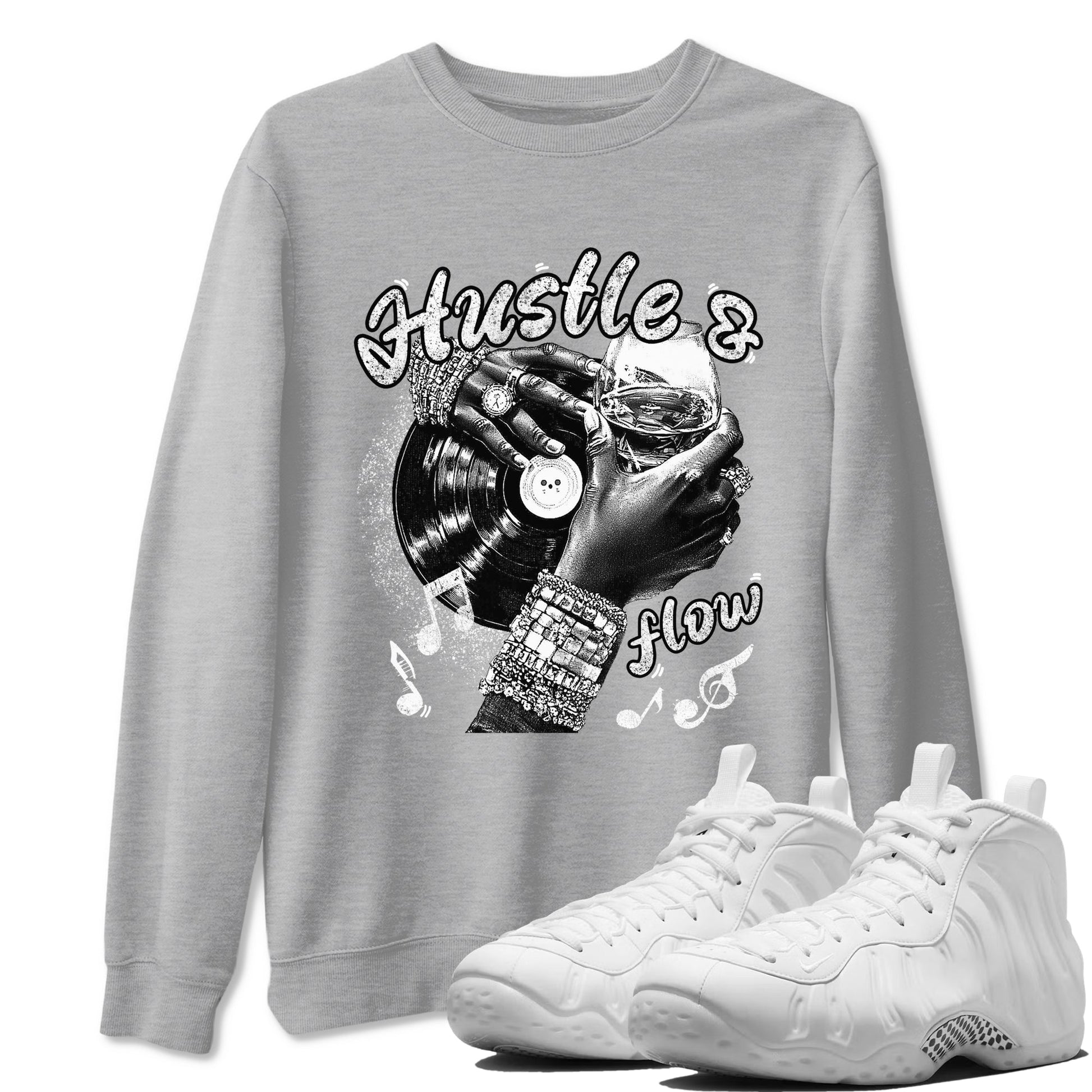 Hustle And Flow sneaker match t-shirt styled to complete your fit with the Air Foamposite One Triple White sneakers, shown in Heather Grey 1.