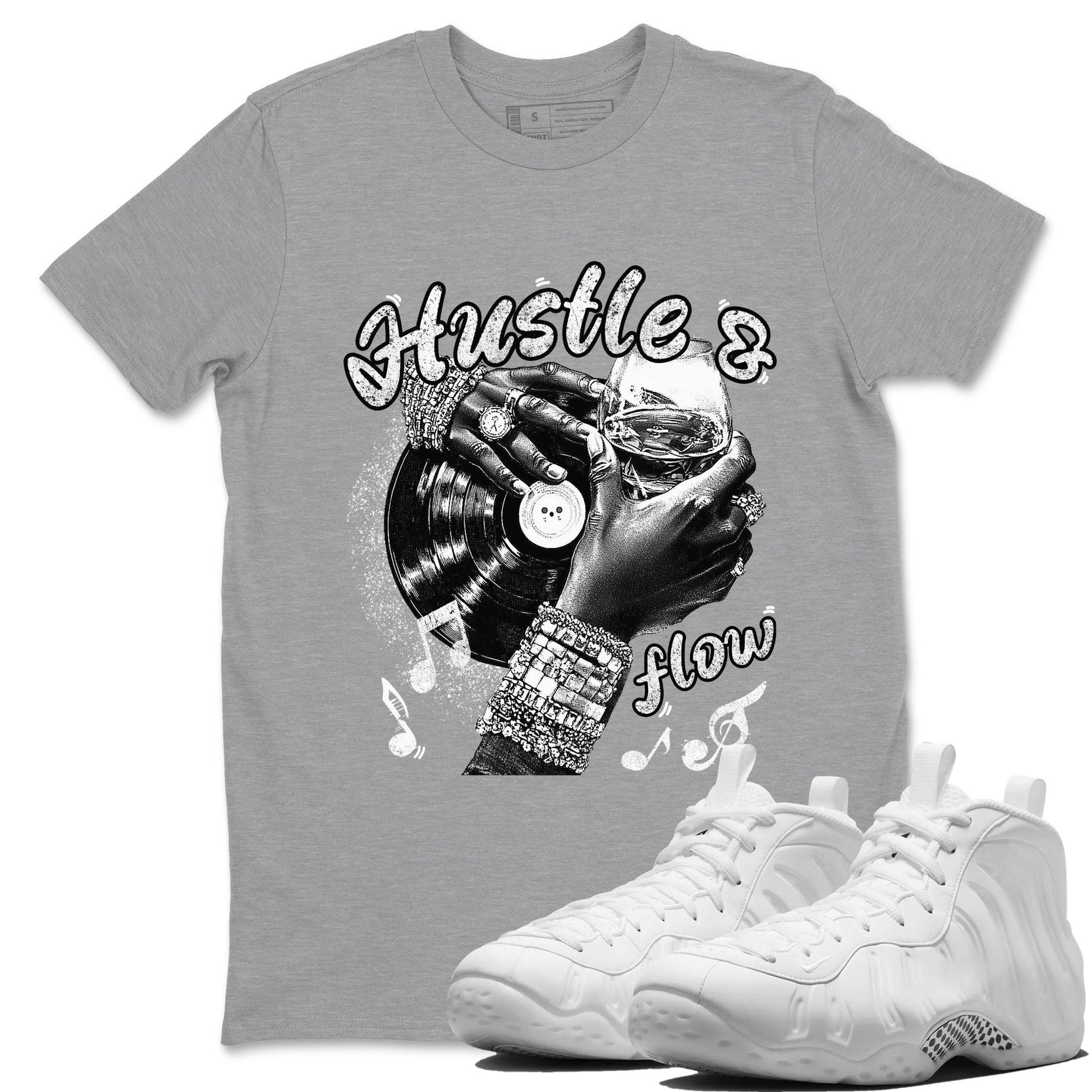 Hustle And Flow sneaker match t-shirt styled to complete your fit with the Air Foamposite One Triple White sneakers, shown in Heather Grey 1.