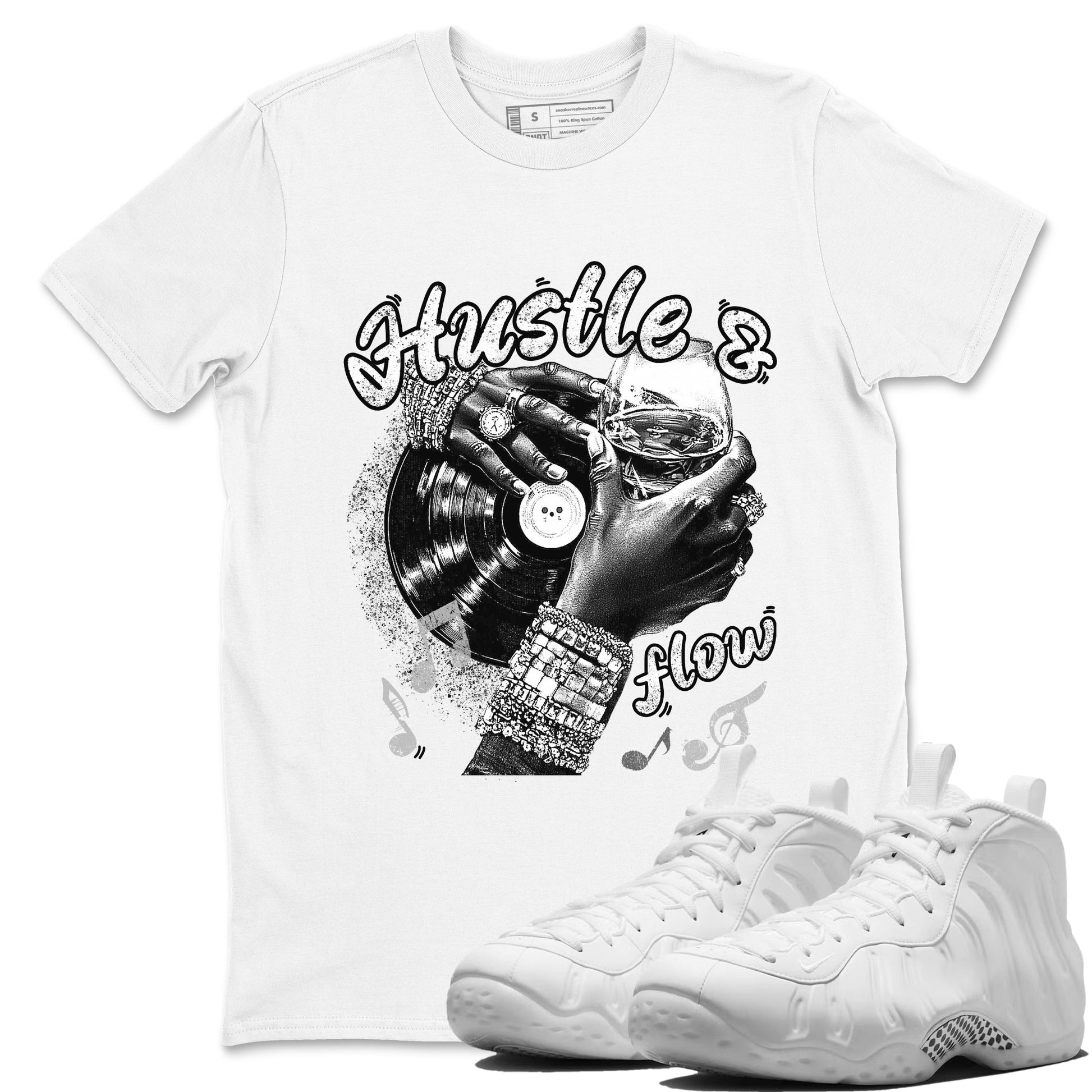 Hustle And Flow sneaker match t-shirt styled to complete your fit with the Air Foamposite One Triple White sneakers, shown in White 1.