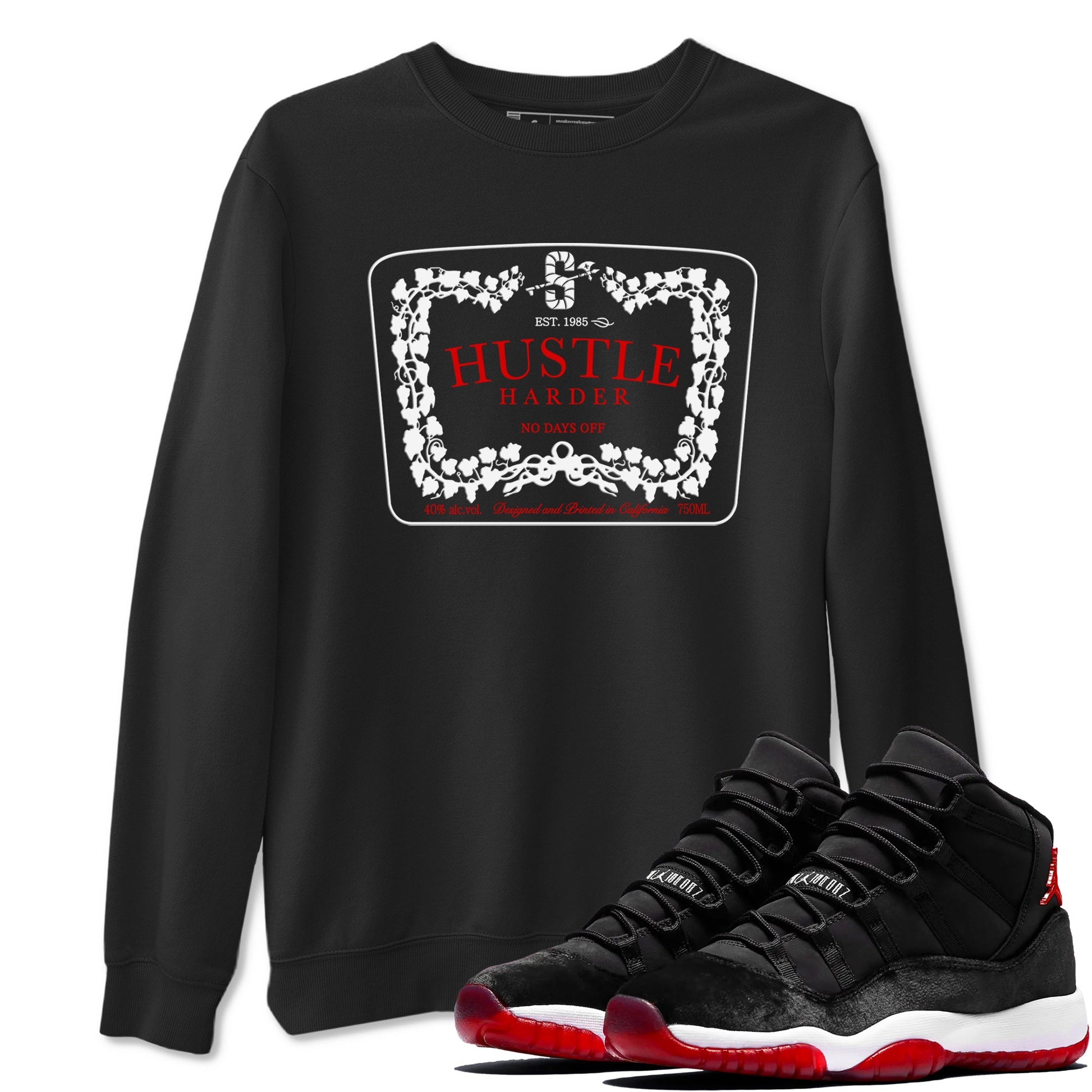 11s Bred Velvet shirts to match jordans Hustle Harder sneaker match tees Air Jordan 11 Bred Velvet SNRT Sneaker Release Tees unisex cotton Black 1 crew neck shirts