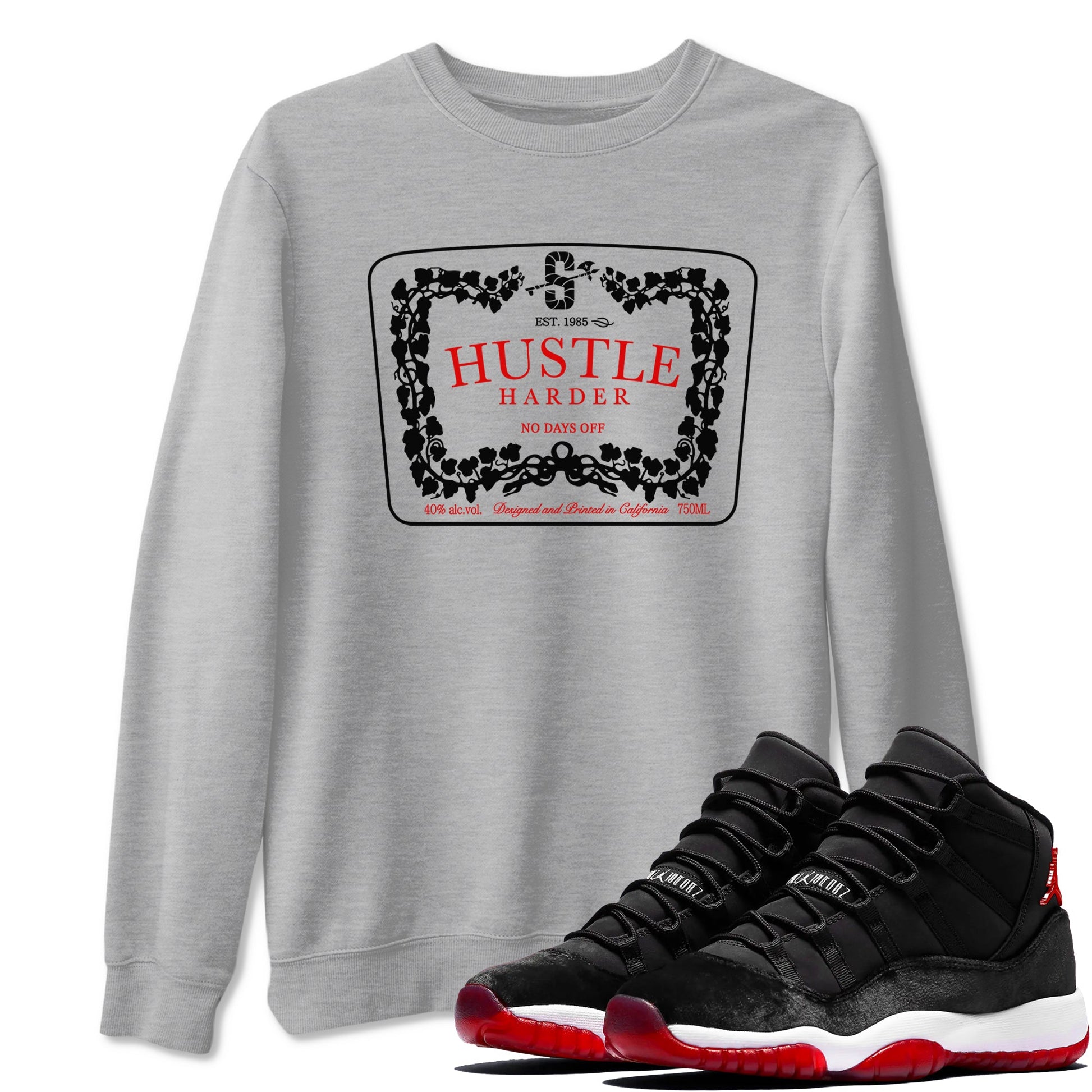 11s Bred Velvet shirts to match jordans Hustle Harder sneaker match tees Air Jordan 11 Bred Velvet SNRT Sneaker Release Tees unisex cotton Heather Grey 1 crew neck shirts