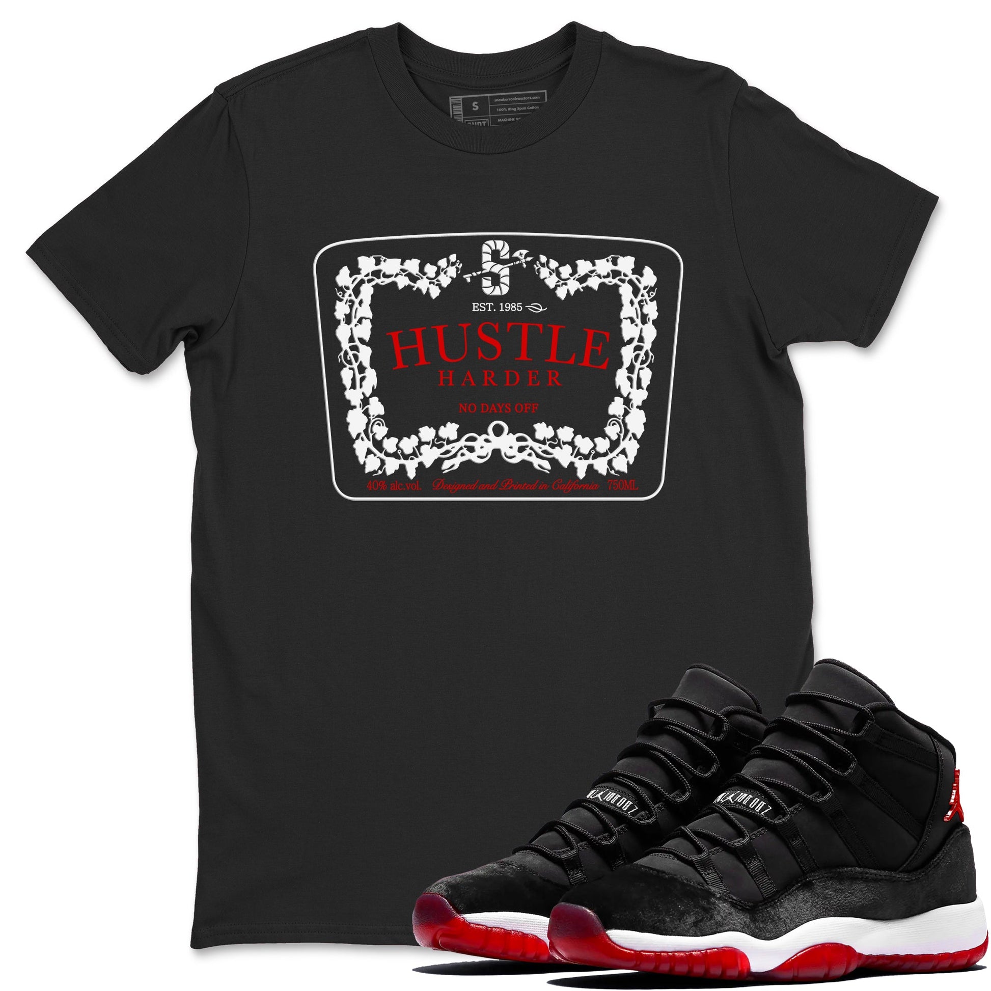 11s Bred Velvet shirts to match jordans Hustle Harder sneaker match tees Air Jordan 11 Bred Velvet SNRT Sneaker Release Tees unisex cotton Black 1 crew neck shirts