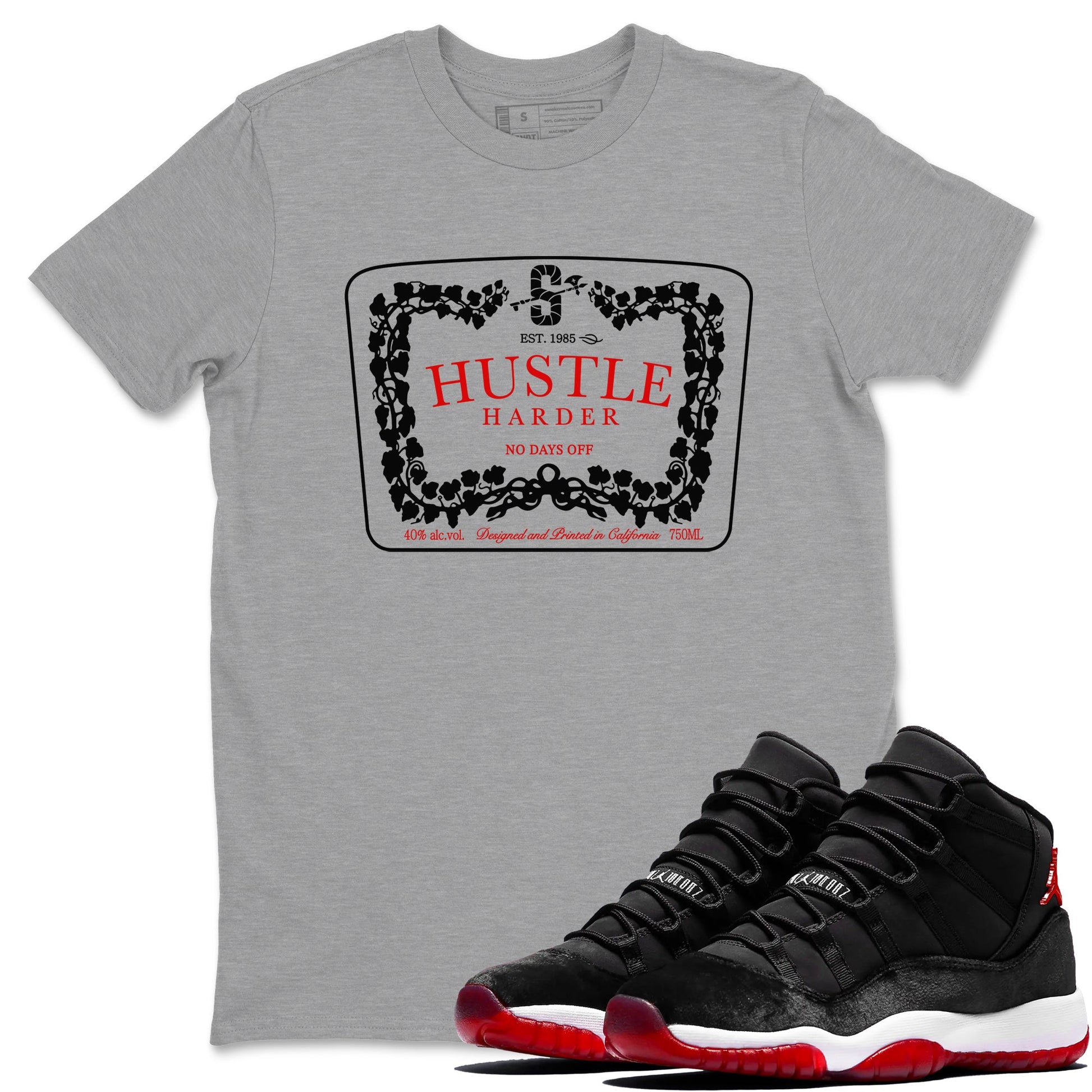 11s Bred Velvet shirts to match jordans Hustle Harder sneaker match tees Air Jordan 11 Bred Velvet SNRT Sneaker Release Tees unisex cotton Heather Grey 1 crew neck shirts