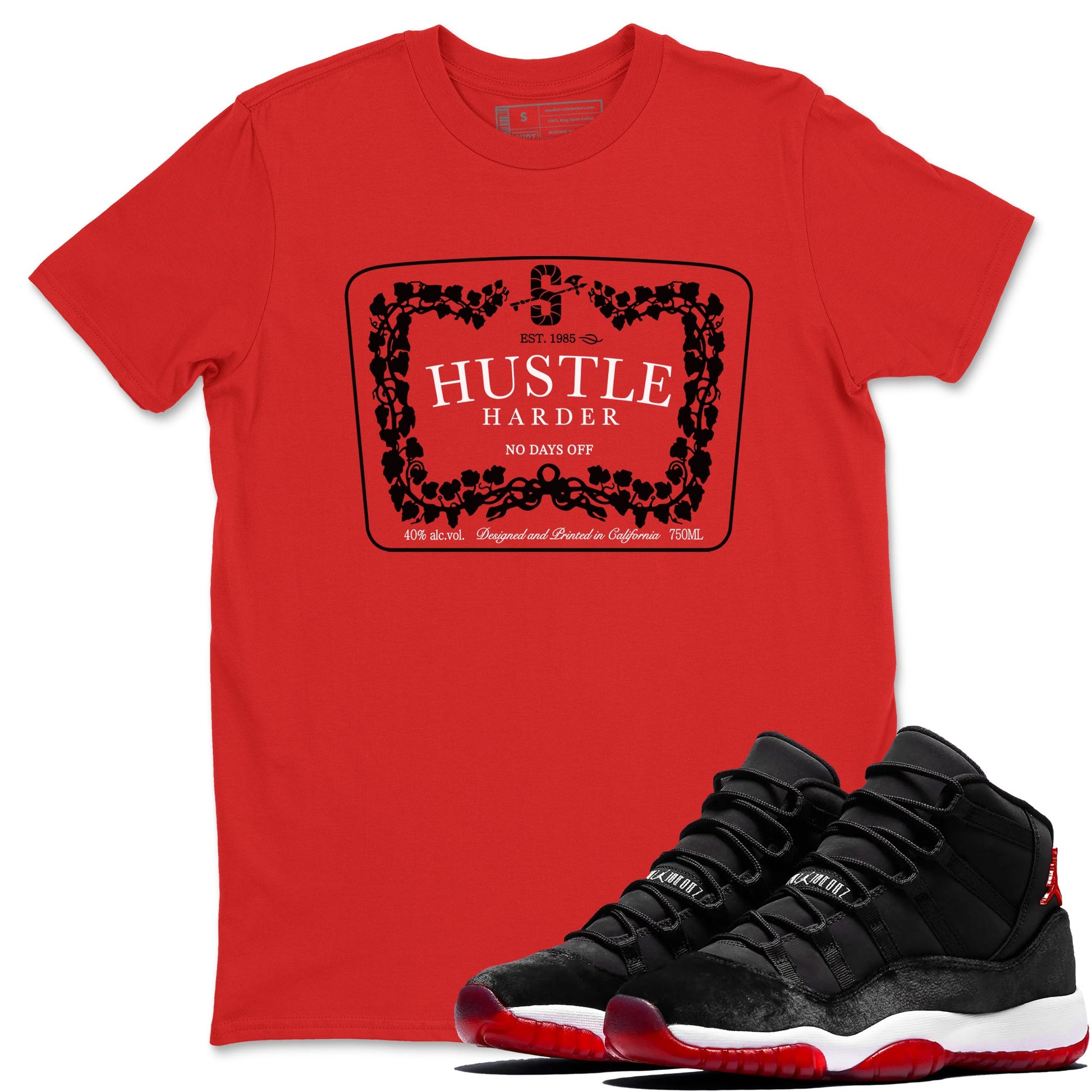 11s Bred Velvet shirts to match jordans Hustle Harder sneaker match tees Air Jordan 11 Bred Velvet SNRT Sneaker Release Tees unisex cotton Red 1 crew neck shirts