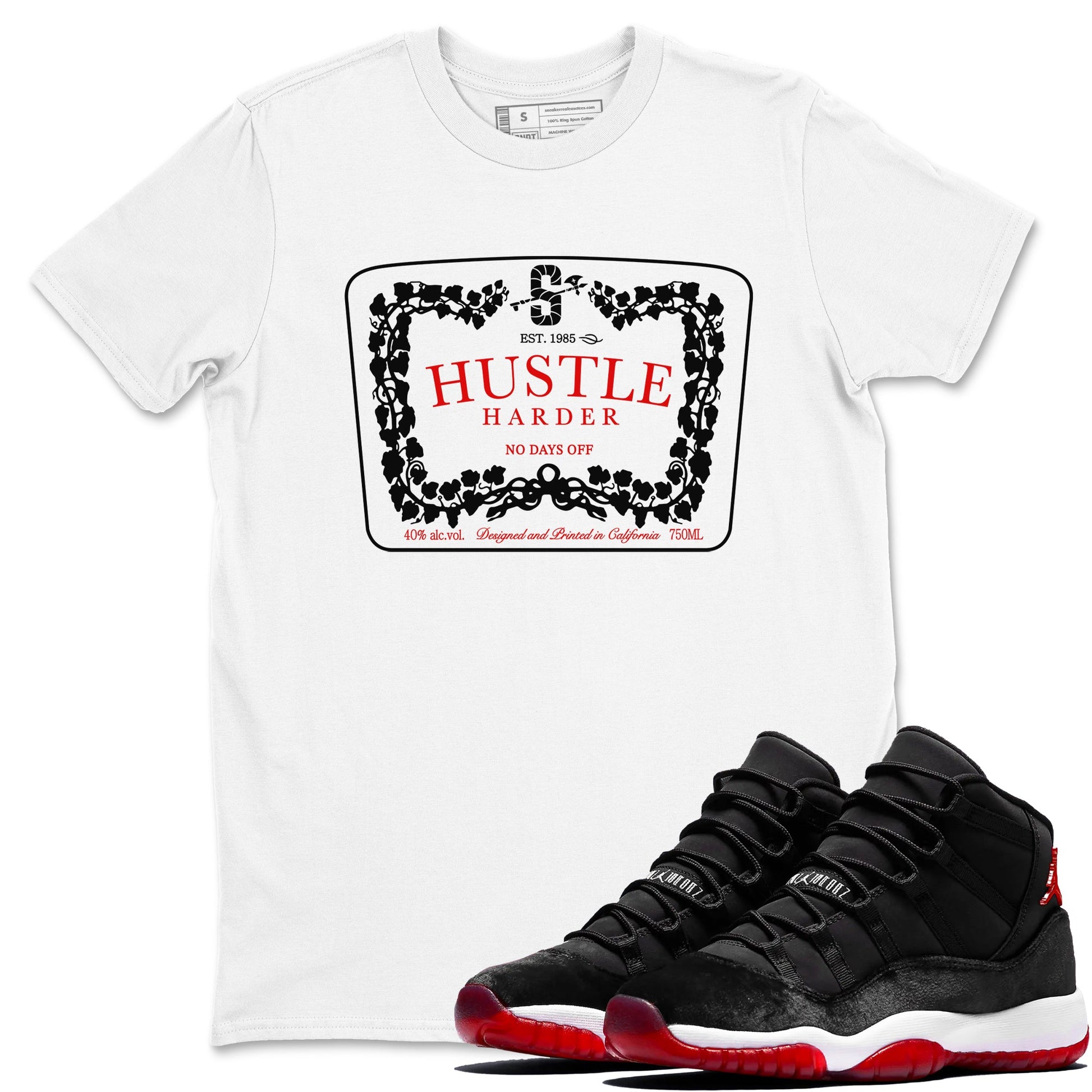 11s Bred Velvet shirts to match jordans Hustle Harder sneaker match tees Air Jordan 11 Bred Velvet SNRT Sneaker Release Tees unisex cotton White 1 crew neck shirts