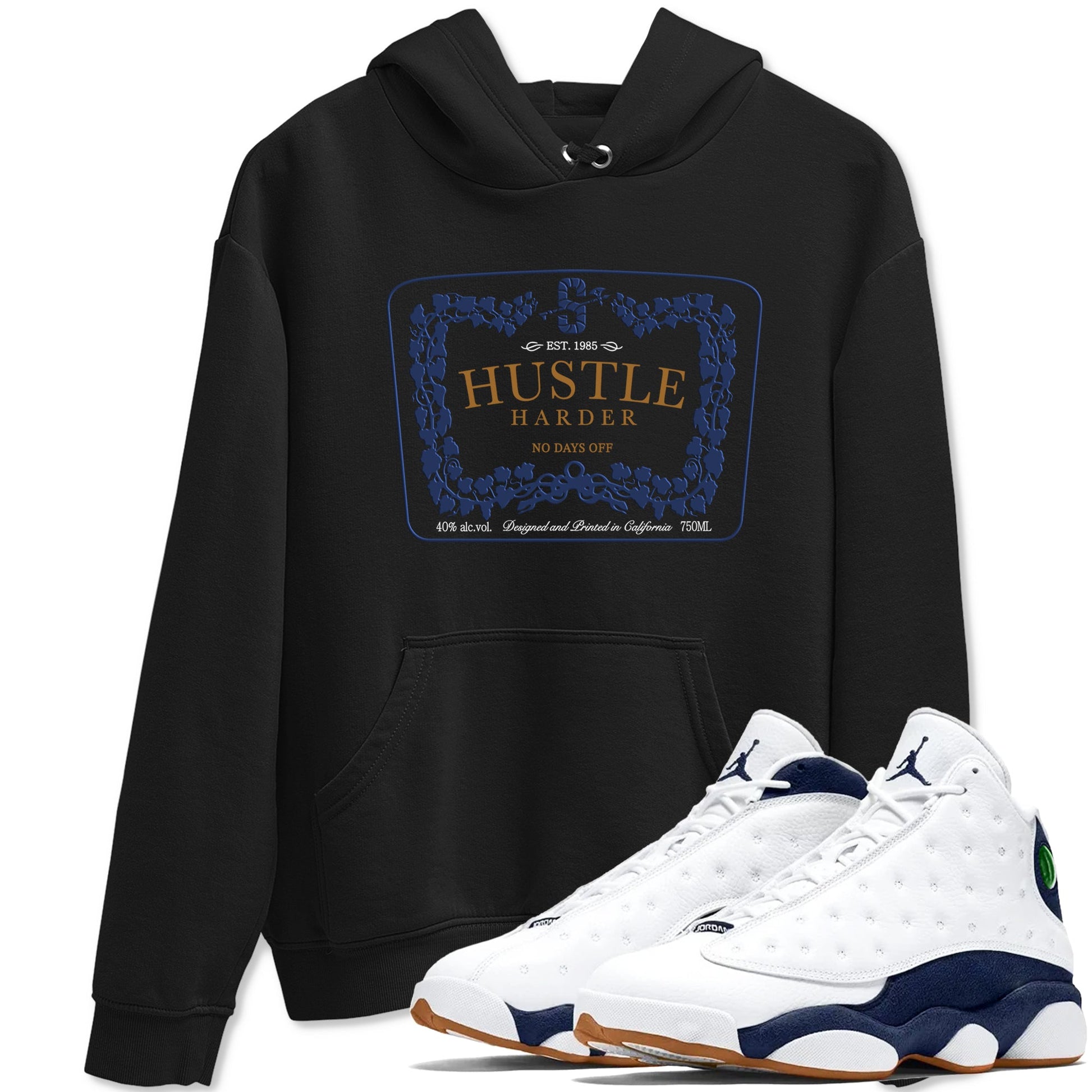13s Midnight Navy shirts to match jordans Hustle Harder sneaker match tees Air Jordan 13 Midnight Navy SNRT Sneaker Release Tees unisex cotton Black 1 crew neck shirts