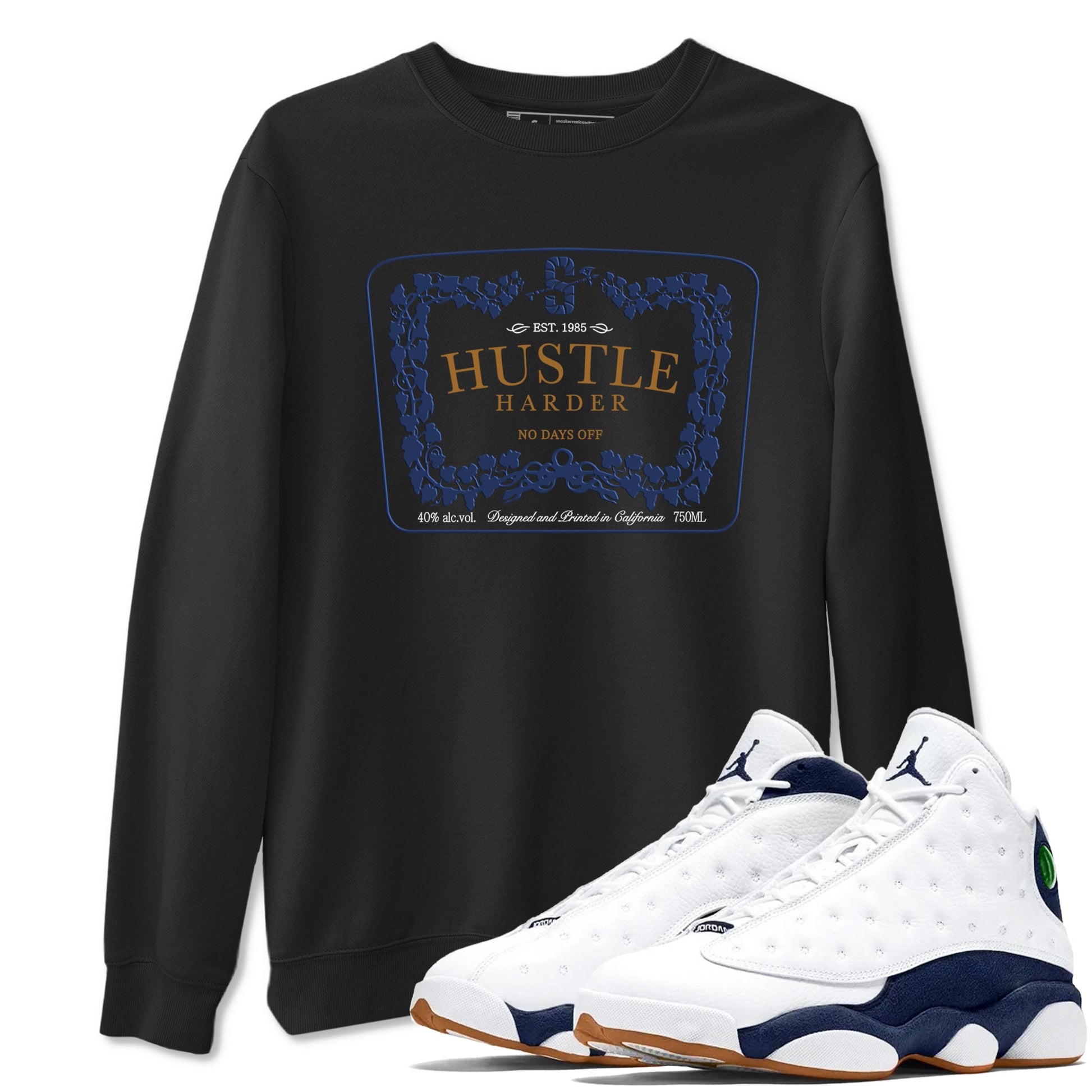 13s Midnight Navy shirts to match jordans Hustle Harder sneaker match tees Air Jordan 13 Midnight Navy SNRT Sneaker Release Tees unisex cotton Black 1 crew neck shirts