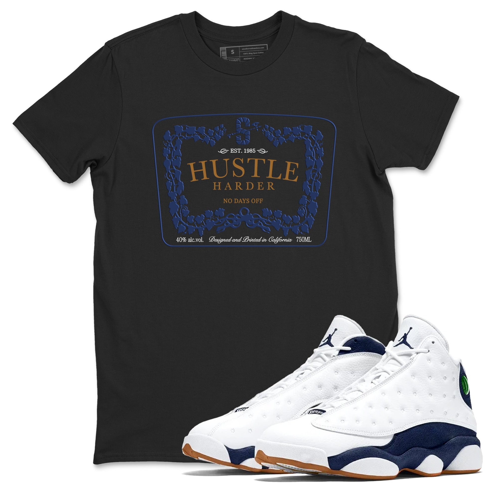 13s Midnight Navy shirts to match jordans Hustle Harder sneaker match tees Air Jordan 13 Midnight Navy SNRT Sneaker Release Tees unisex cotton Black 1 crew neck shirts